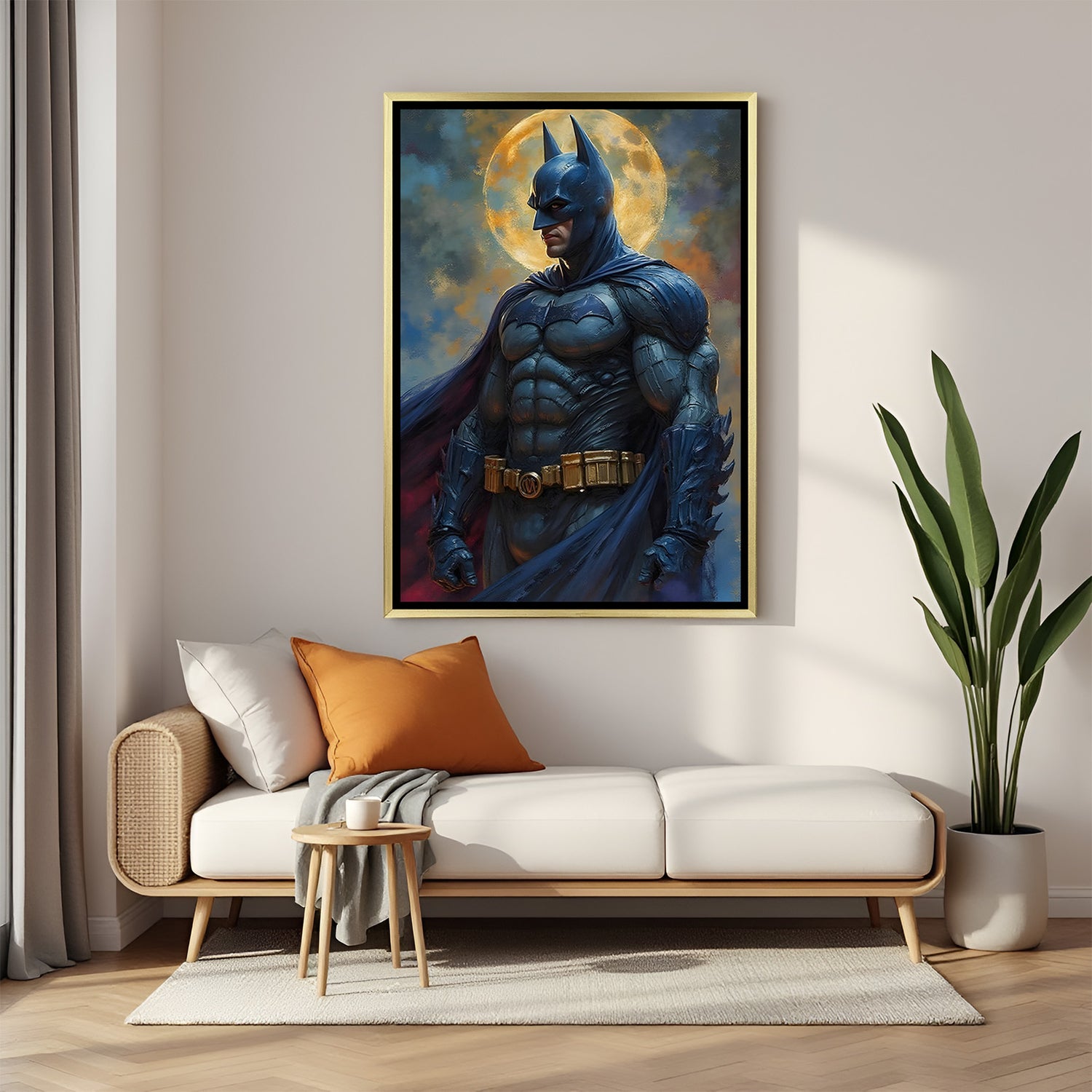 Batman moon silhouette artwork in premium golden floater frame with cinematic night atmosphere