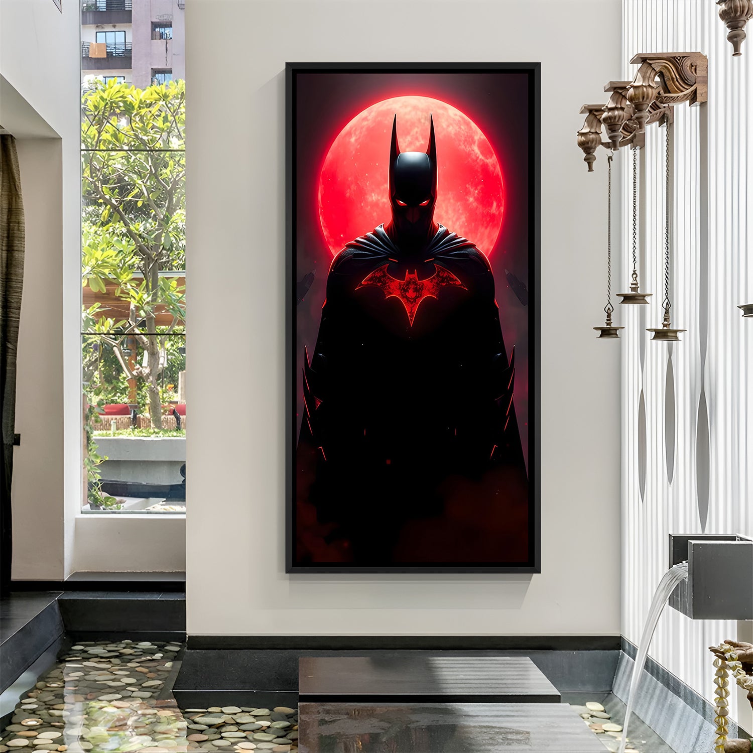 Batman Red Moon superhero canvas artwork in premium black floater frame