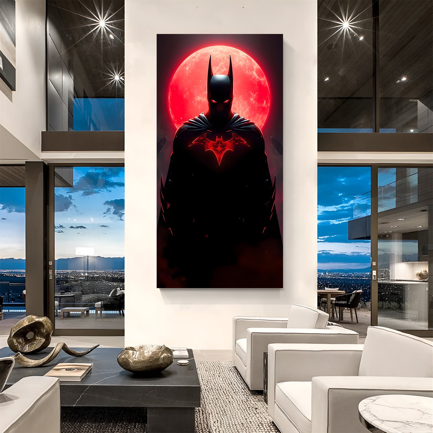 Batman Red Moon canvas painting with dark superhero artwork in canvas wrapped frame
