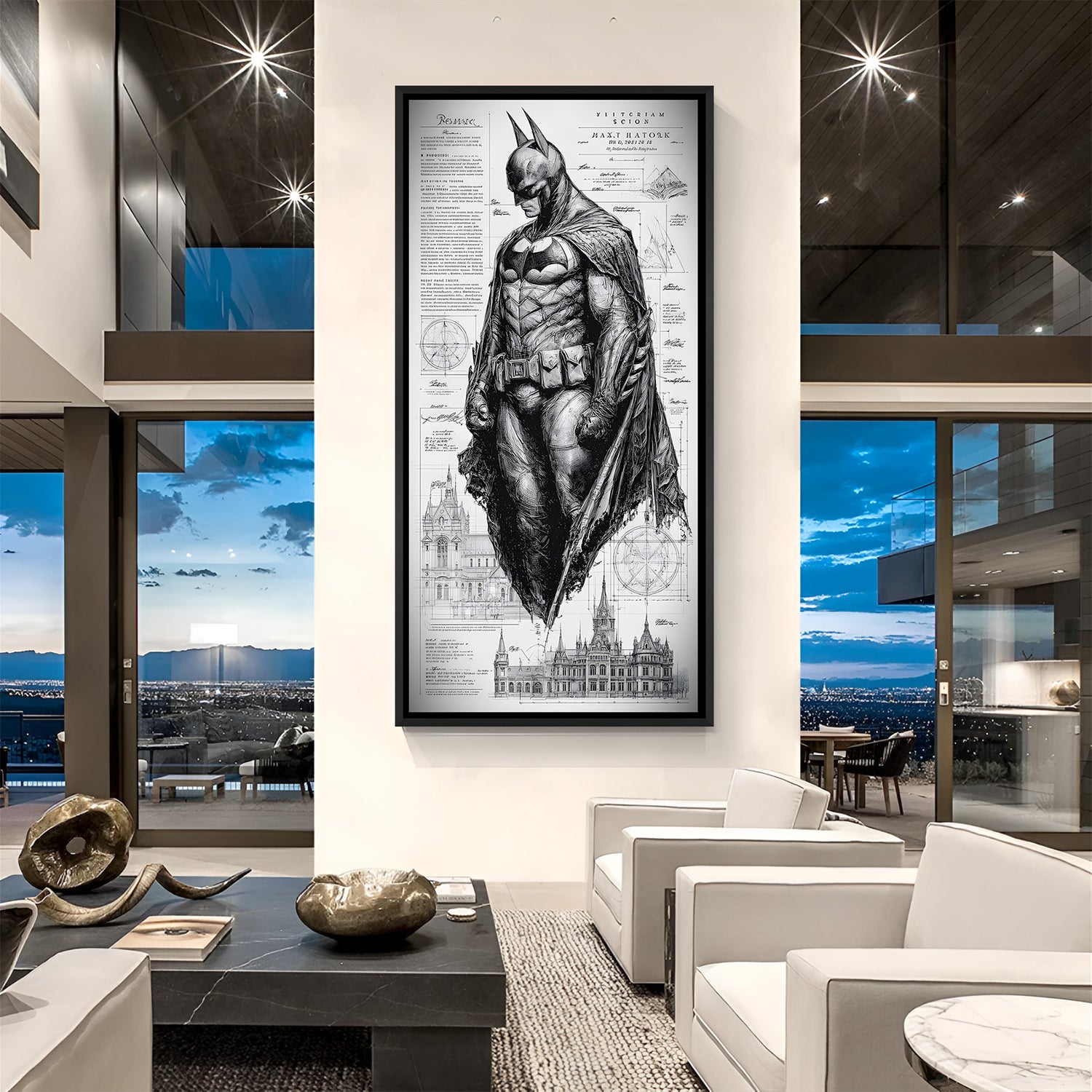 Batman Sketch Gotham superhero canvas artwork in premium black floater frame