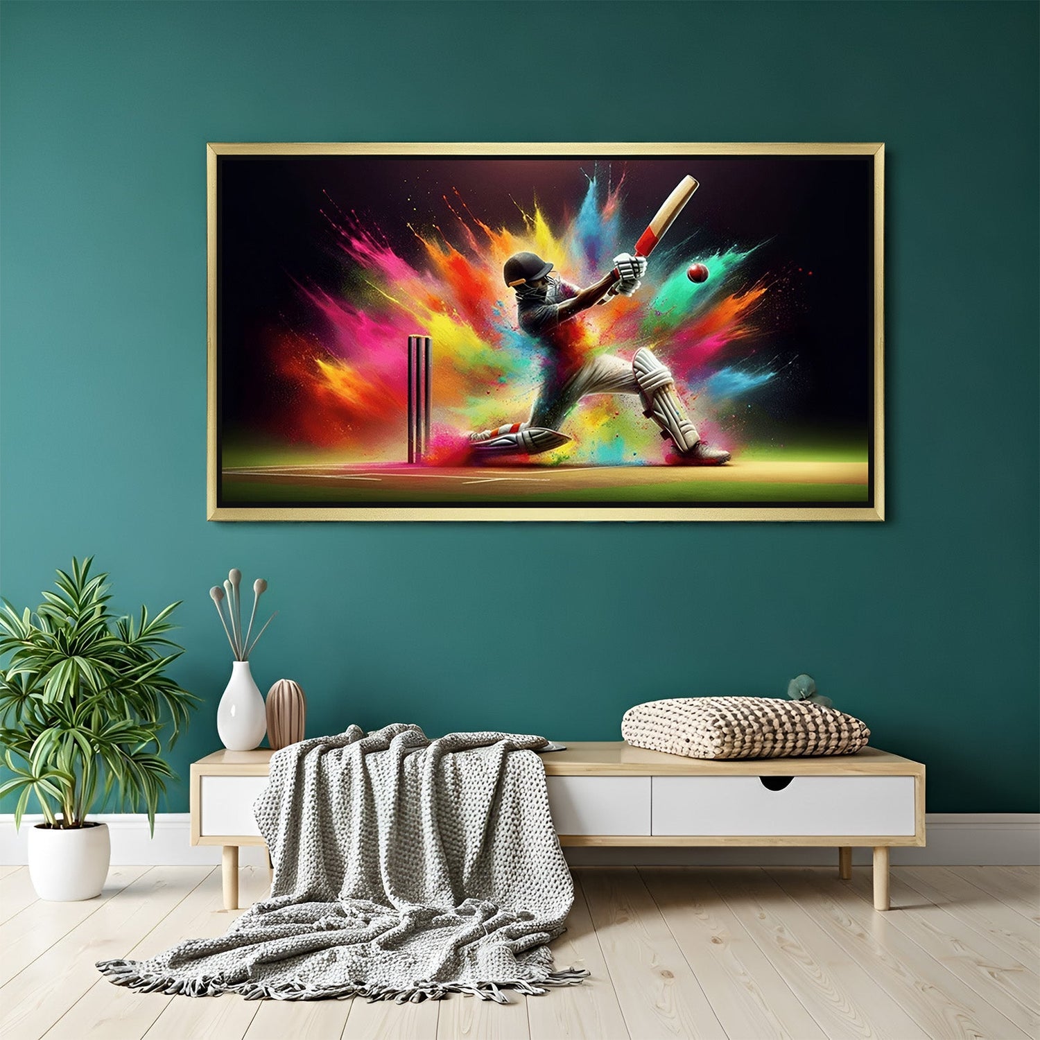 Golden-framed modern art of batsman hitting six with vibrant color blast—perfect canvas for energetic, sporty, and contemporary home decor
