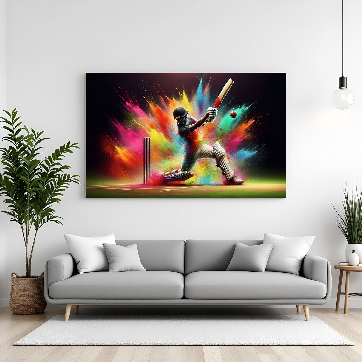Modern canvas artwork of a cricketer hitting a six, with a dramatic burst of colors in the background—bold sports-themed wall art in painted modern style