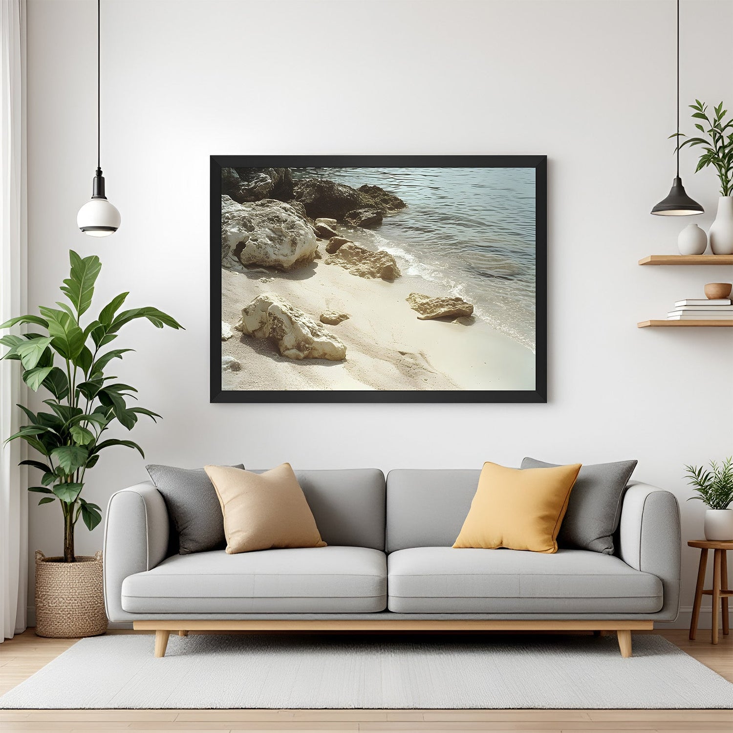 Coastal beach painting with sea waves and sand in soft tones, set in a black floater frame for elegant modern seaside wall decor