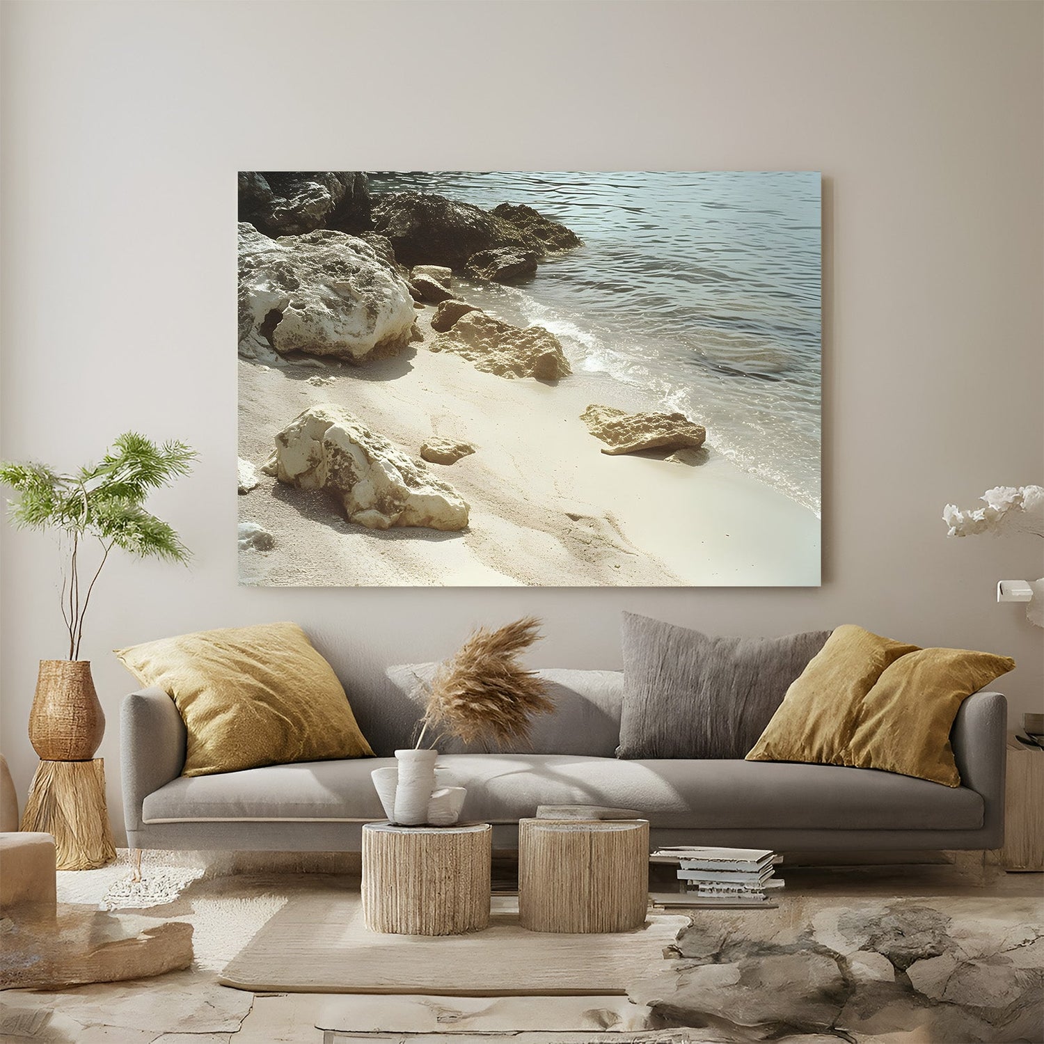 Beach scenery canvas wall art with ocean view, soft waves, and sandy shoreline under a calm sky, ideal for relaxing home or office decor