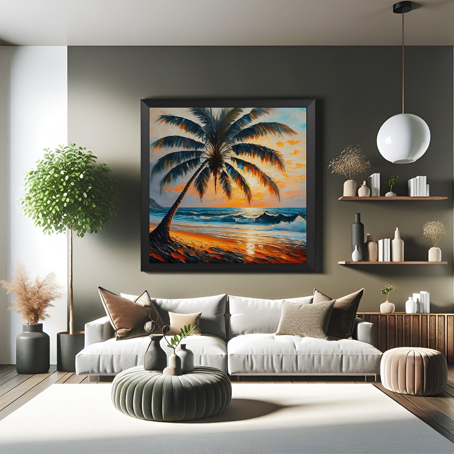 Black frame beach abstract canvas – tree and sea wave painting in bold painted texture