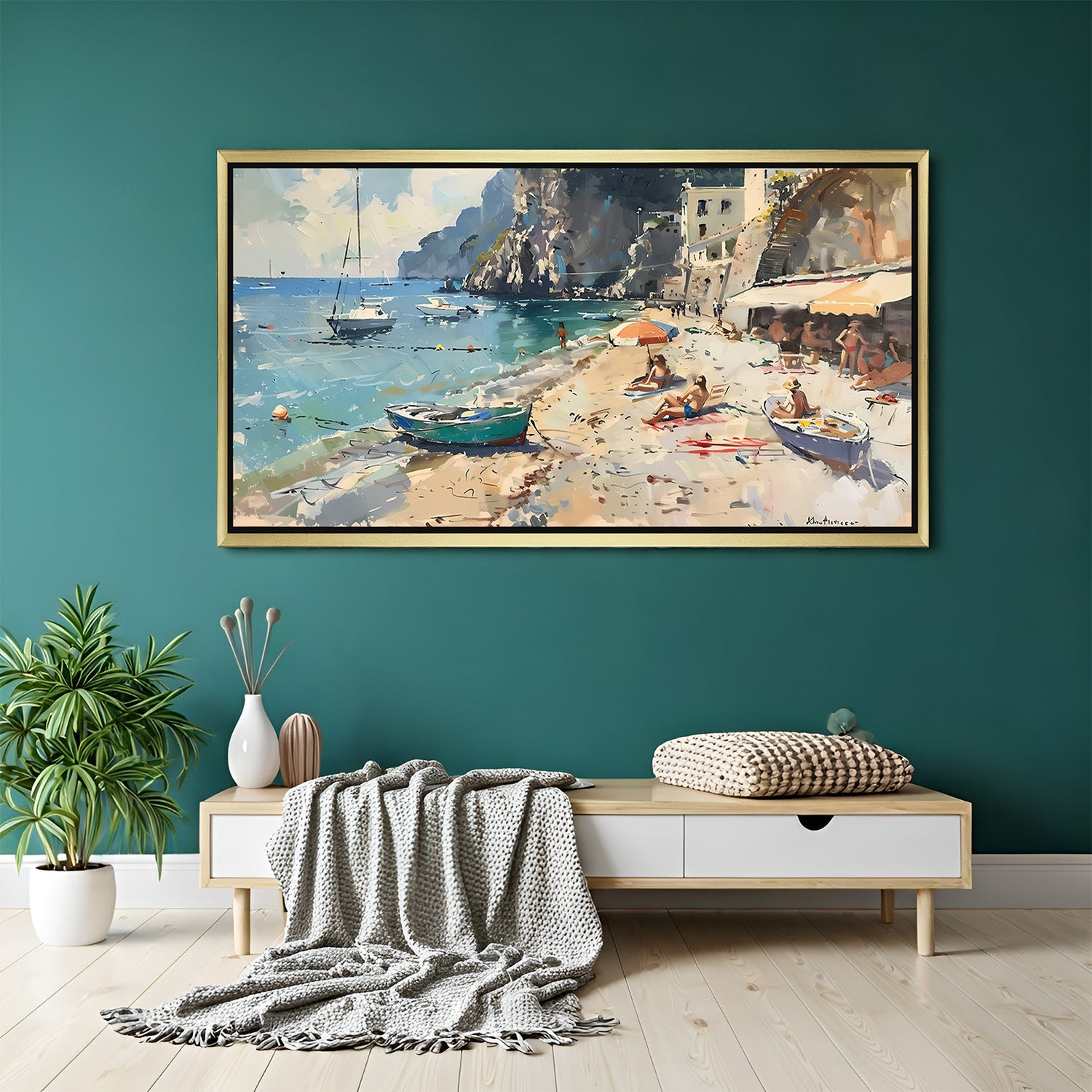 Golden frame beach view wall art – printed abstract canvas showing beach and sky for elegant interior wall decor