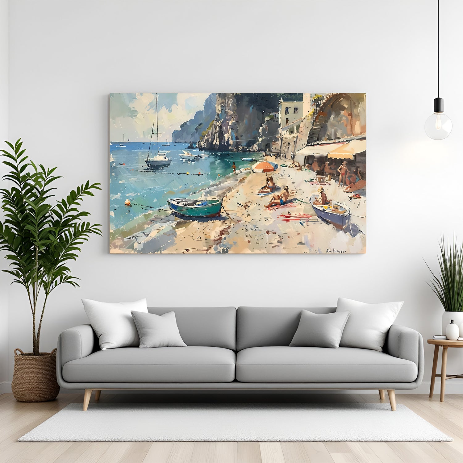 Beach view abstract wall art – modern painted canvas with shoreline and sky, ideal for calm and artistic wall decor