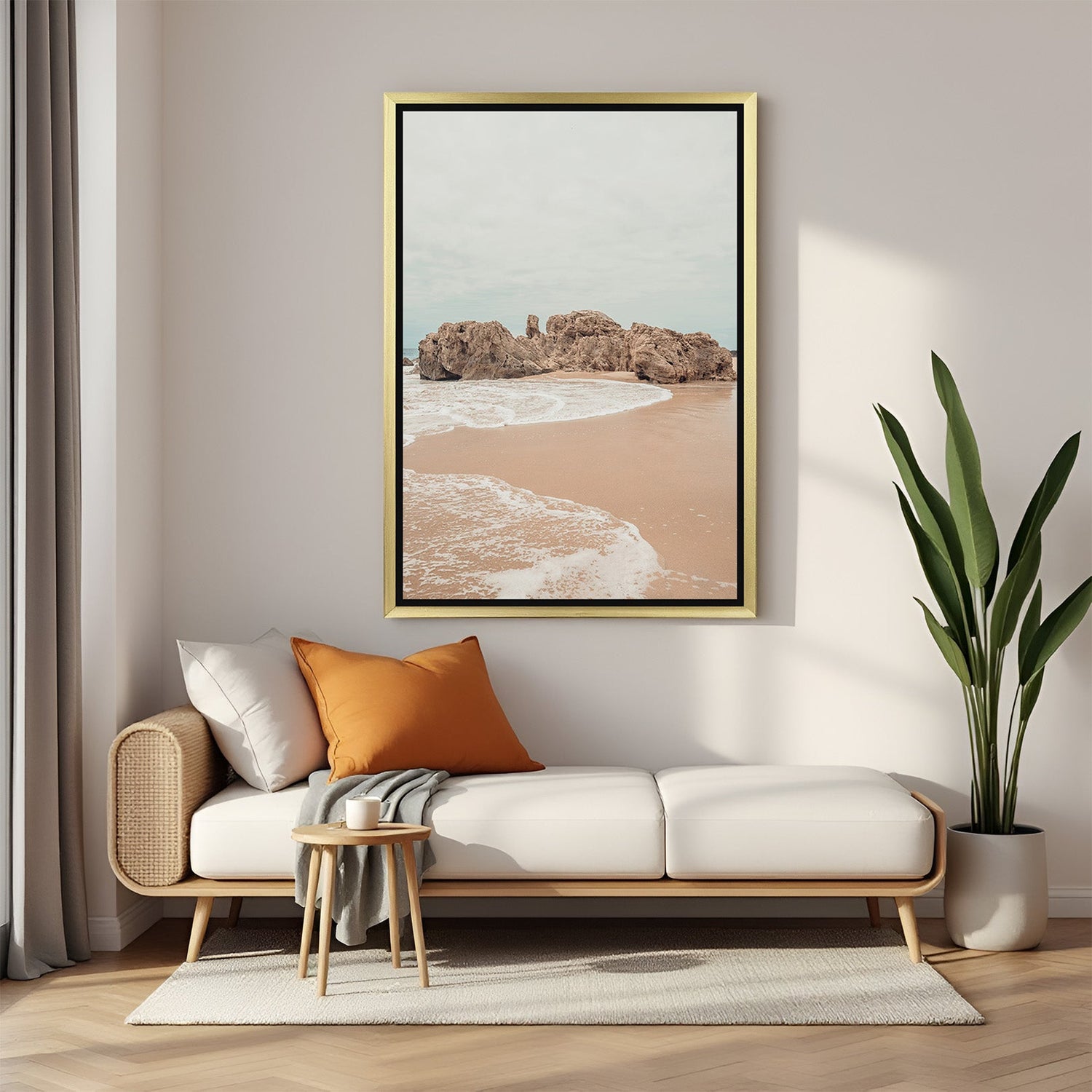 Beautiful beach canvas painting in golden floater frame, combining ocean views with elegant styling for modern decor