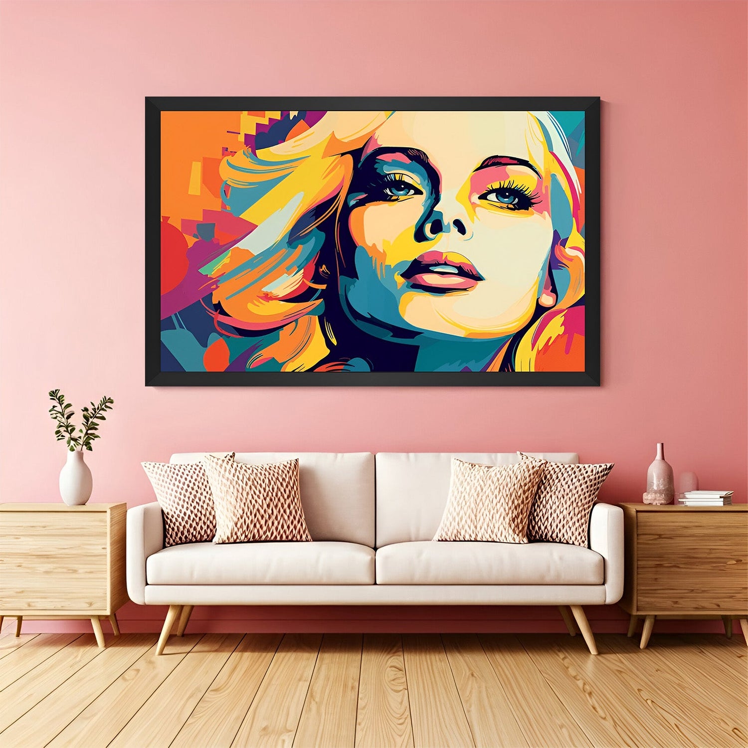 Elegant female face abstract painting with black floater frame – modern canvas wall art for tasteful living rooms and creative interior styling