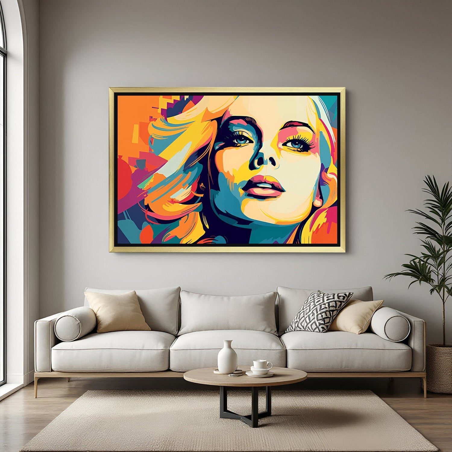 Modern abstract female face canvas in golden floater frame – graceful and minimal art for luxurious home walls and sophisticated decor