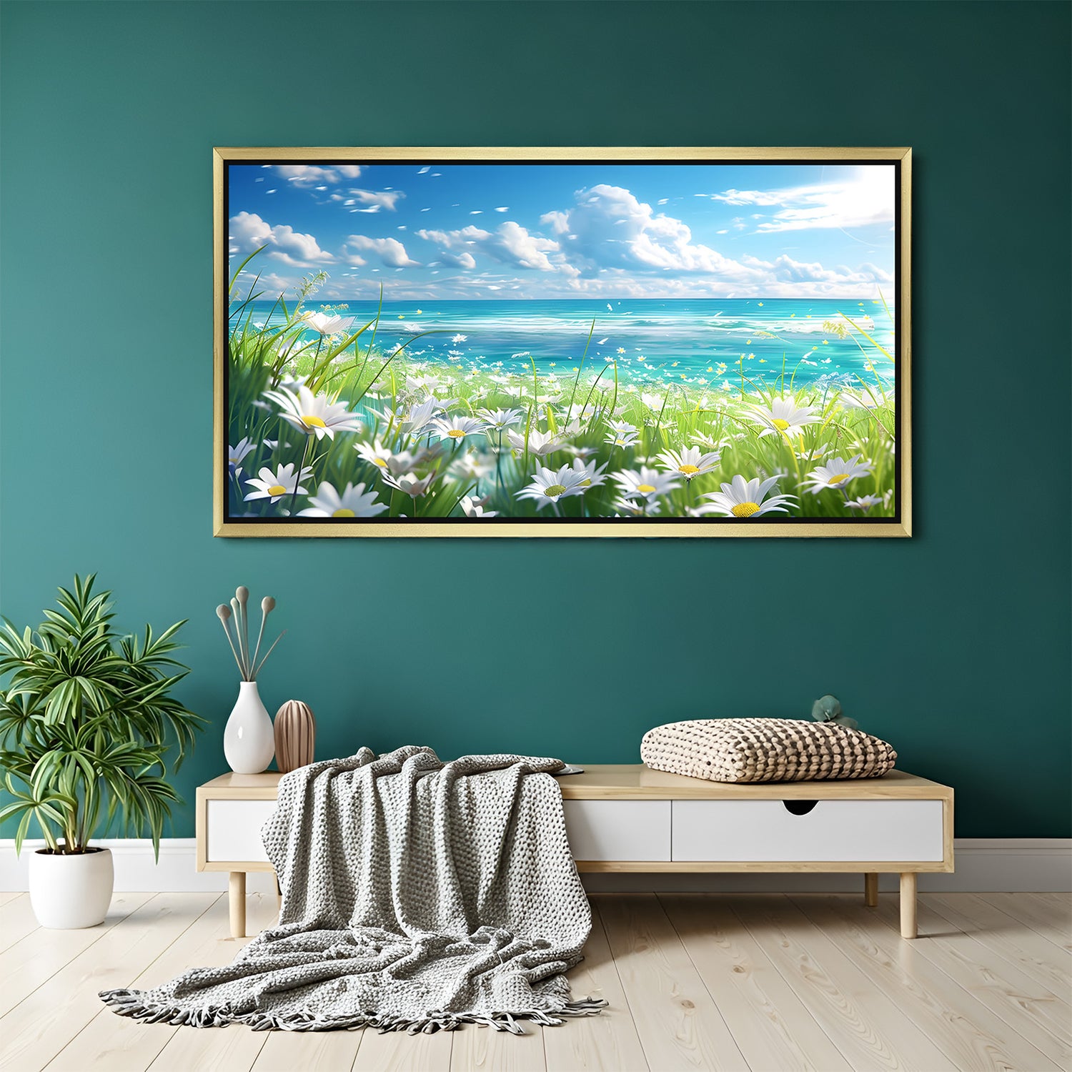 Golden-framed canvas wall art featuring a floral field by the sea under a blue sky, ideal for modern and nature-loving interiors