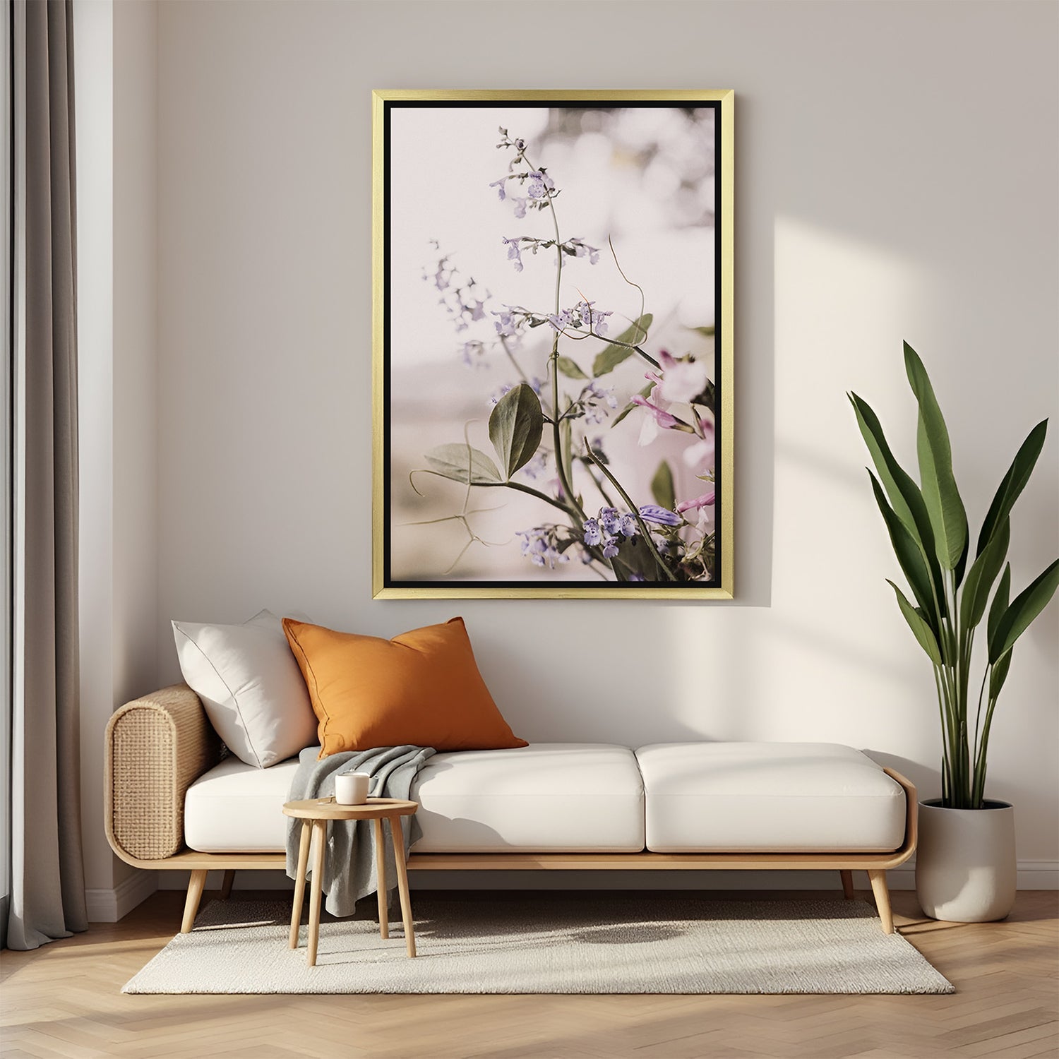 Golden-framed canvas featuring a soft, aesthetic plant artwork, designed for stylish and elegant modern home decor