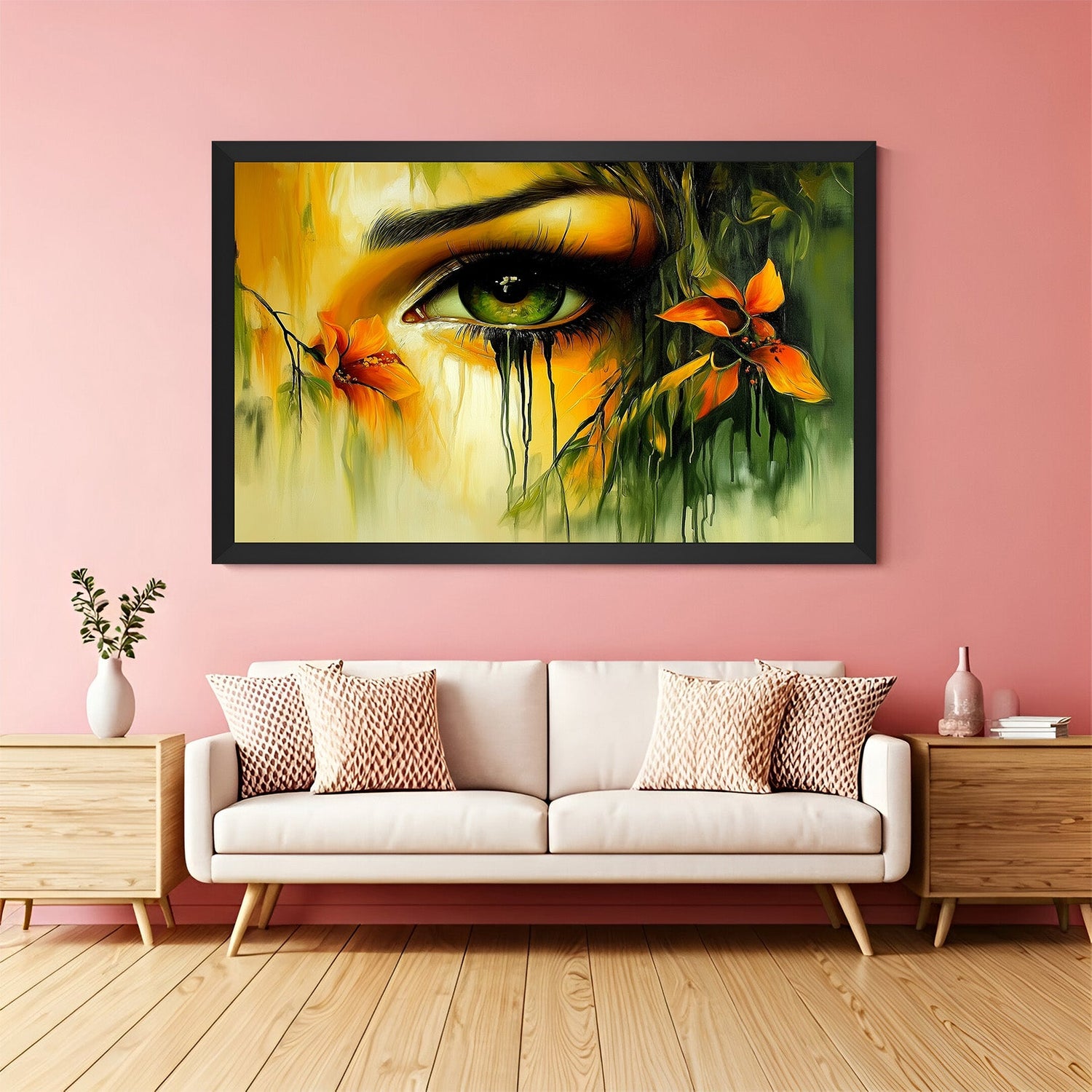 Modern woman eye wall art with black floater frame, elegant and bold canvas print for interior decor
