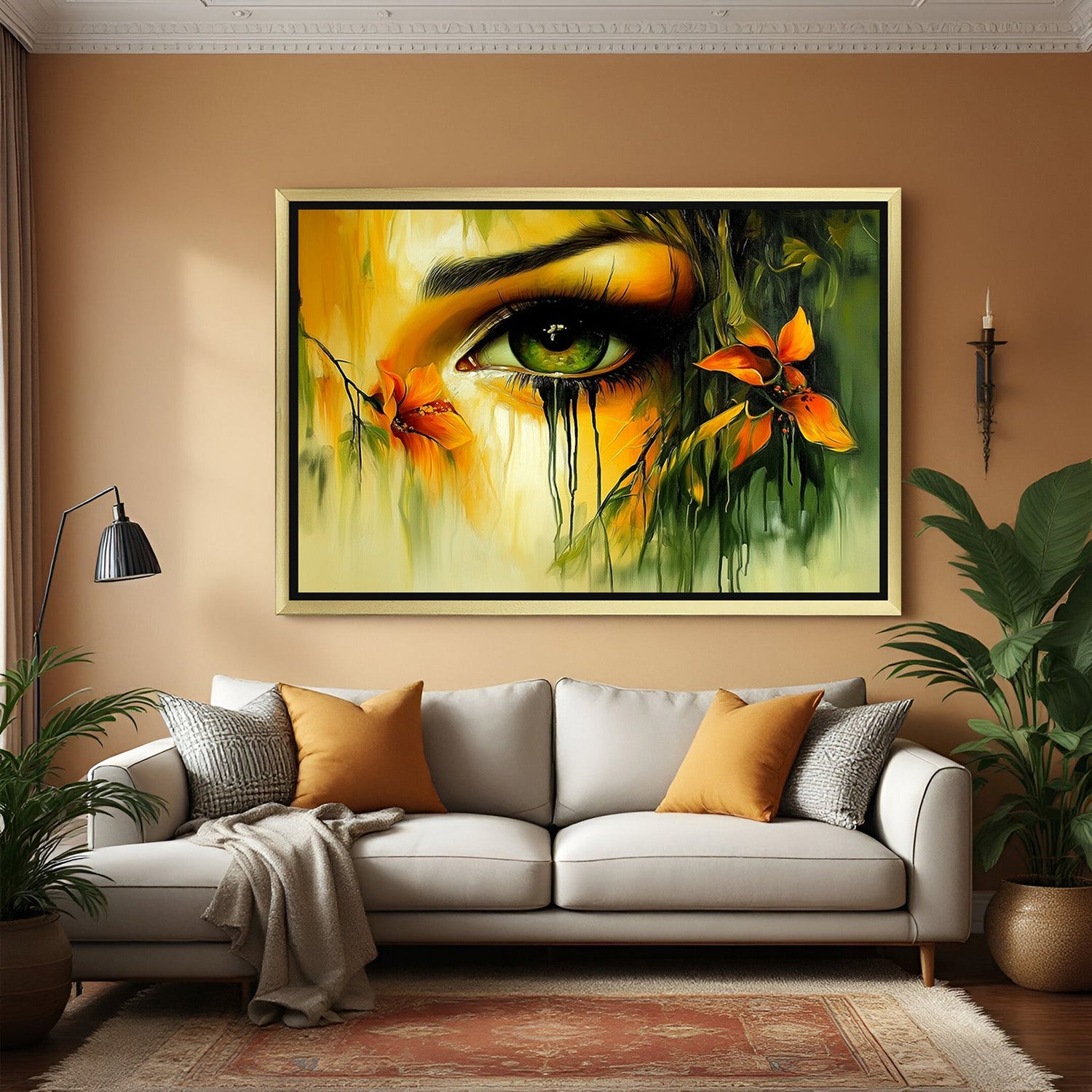 Stylish woman eye modern art with golden floater frame, expressive and minimal canvas wall decor