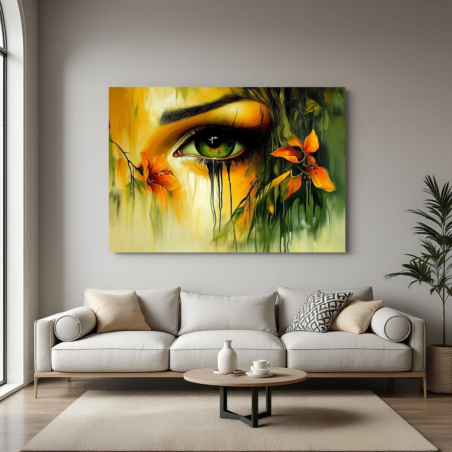 Close-up modern art showing only part of a woman's face with a striking open eye on premium canvas