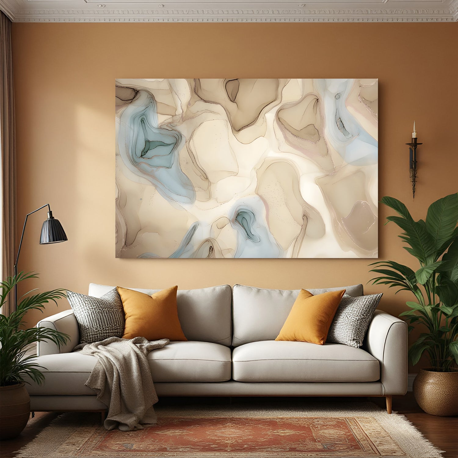 Beige fluid abstract canvas wall art with marble-like patterns and soft blue accents