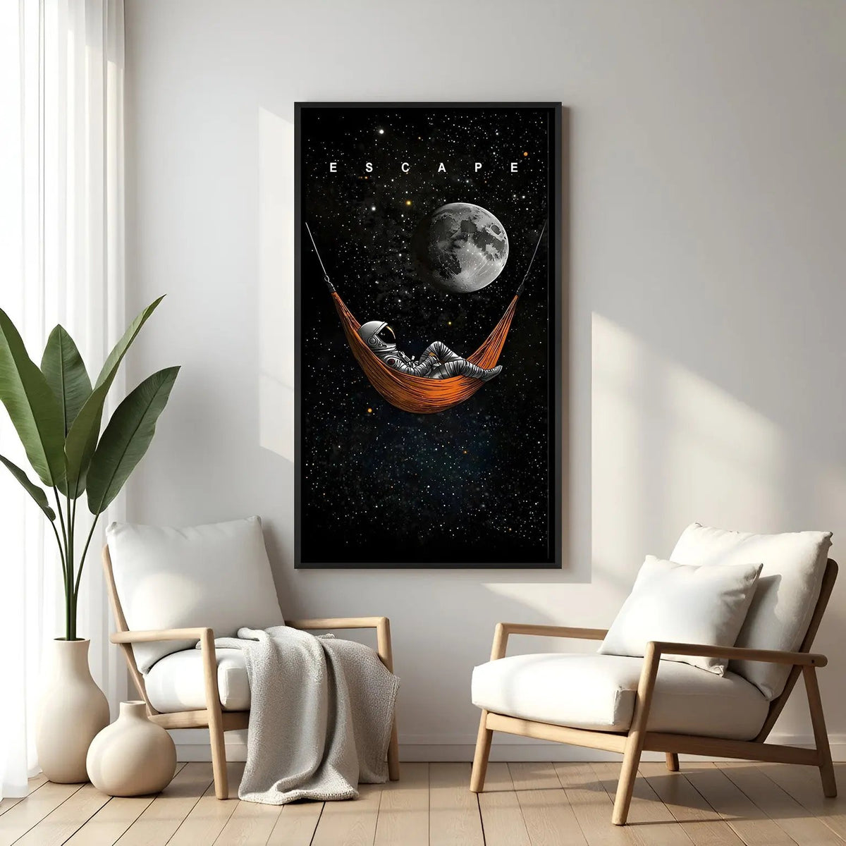 Escape space motivational wall art in elegant black floater frame with vibrant celestial artwork