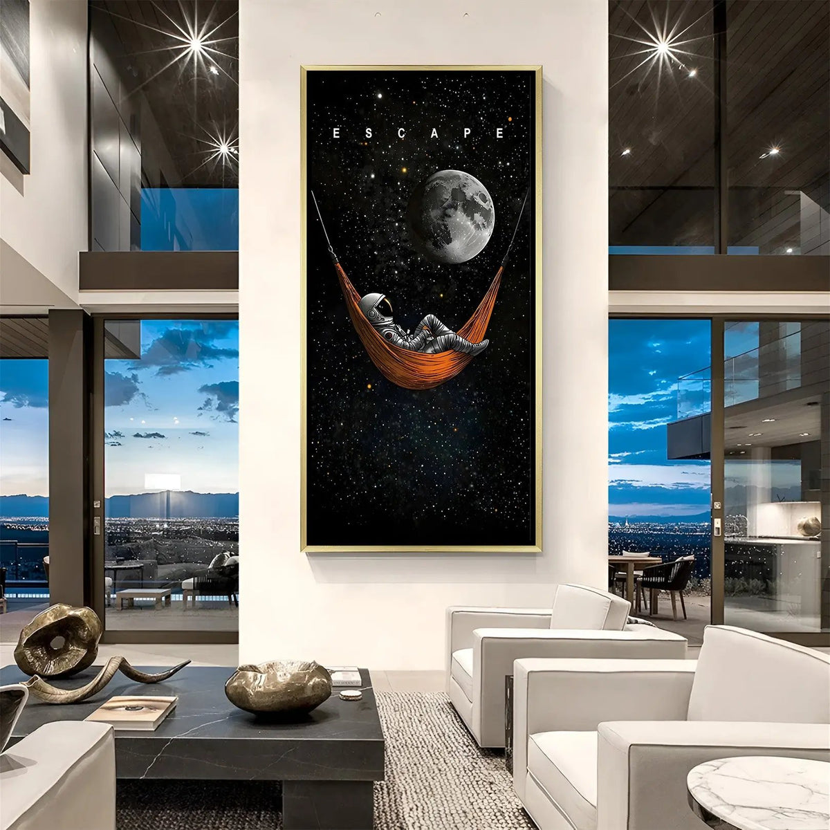 Luxury Escape space canvas artwork in golden floater frame featuring inspirational cosmic landscape