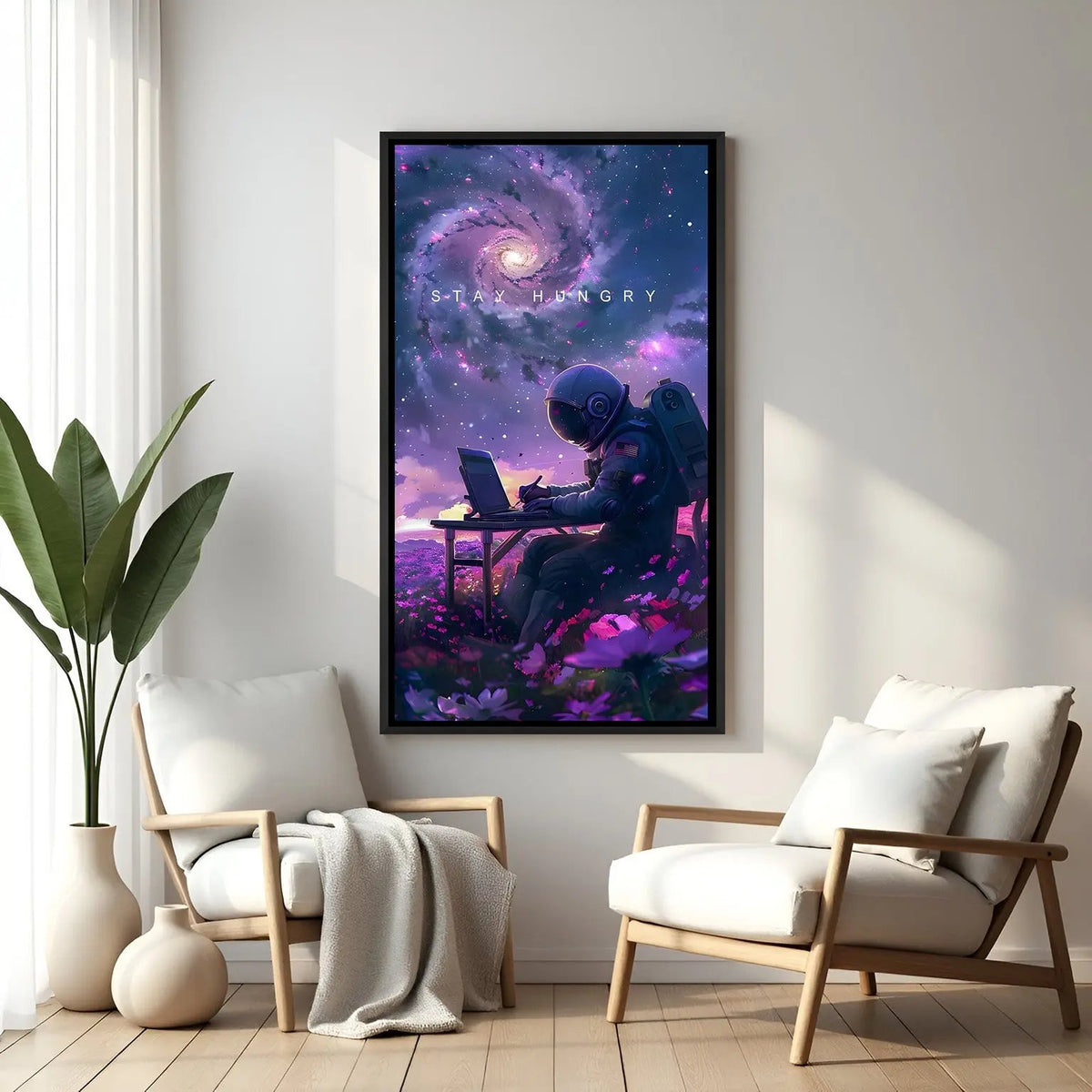 Stay Hungry inspirational space wall art in elegant black floater frame featuring cosmic motivational artwork