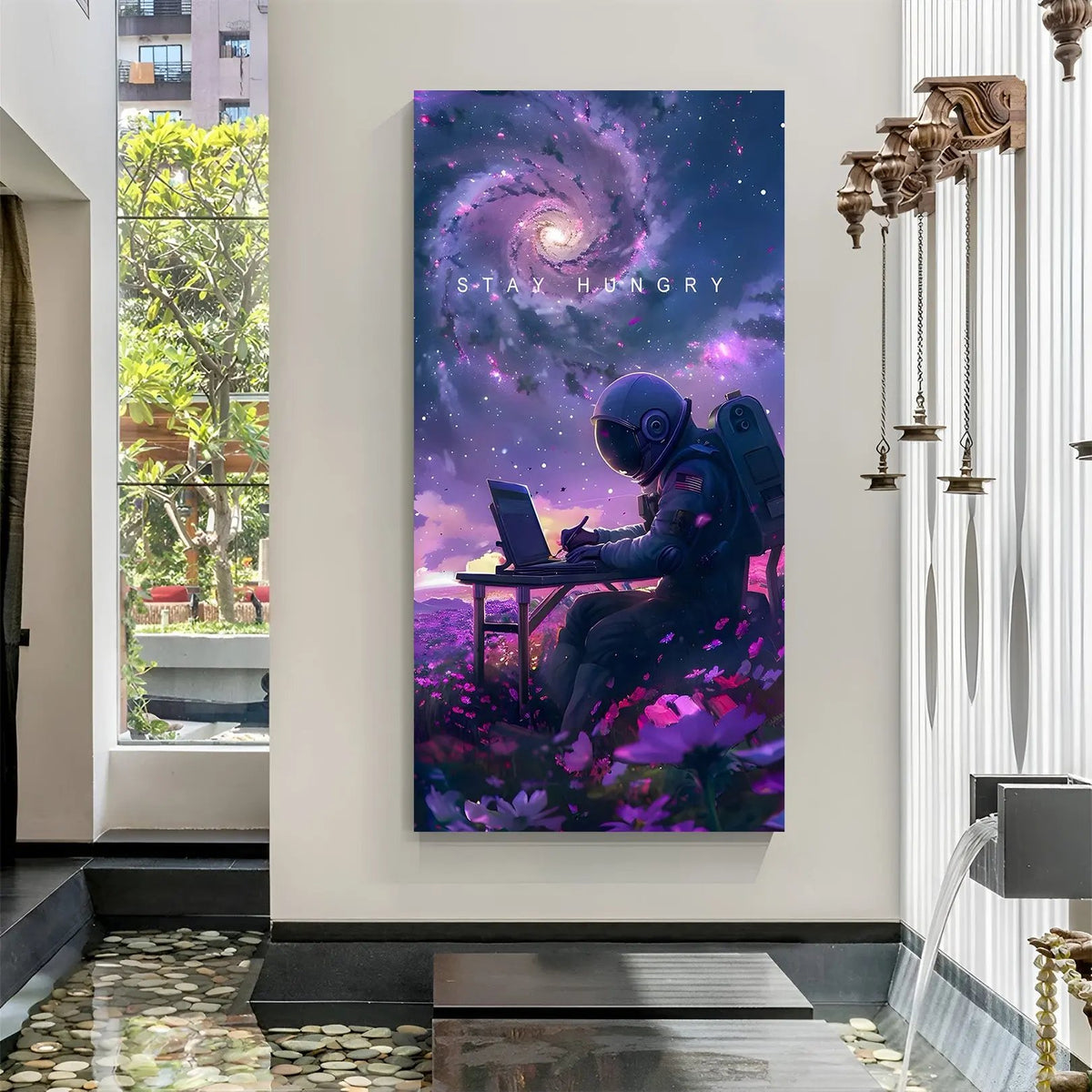 Beyond the Stars Stay Hungry space motivation canvas wall art in premium wrapped frame with galaxy-inspired design