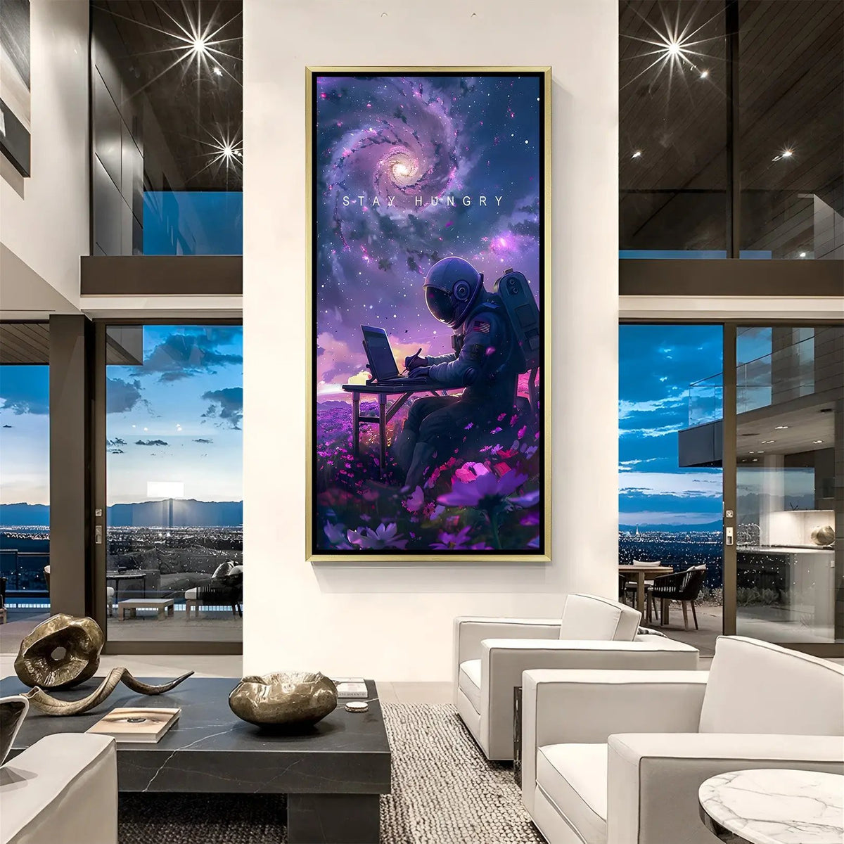 Luxury Stay Hungry space canvas artwork in golden floater frame with celestial galaxy inspiration
