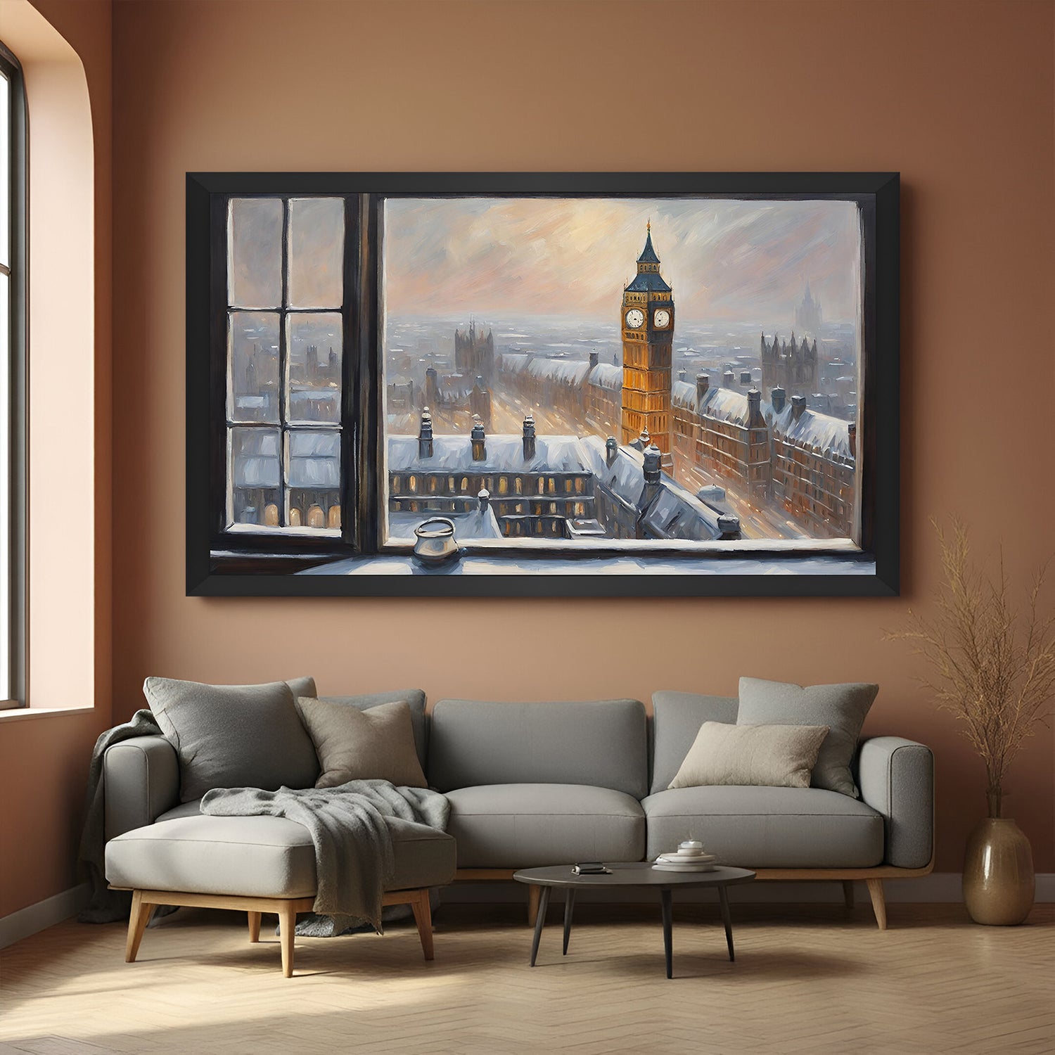 Black-framed canvas printed wall art of snowy London with Big Ben clock—vintage winter city scene