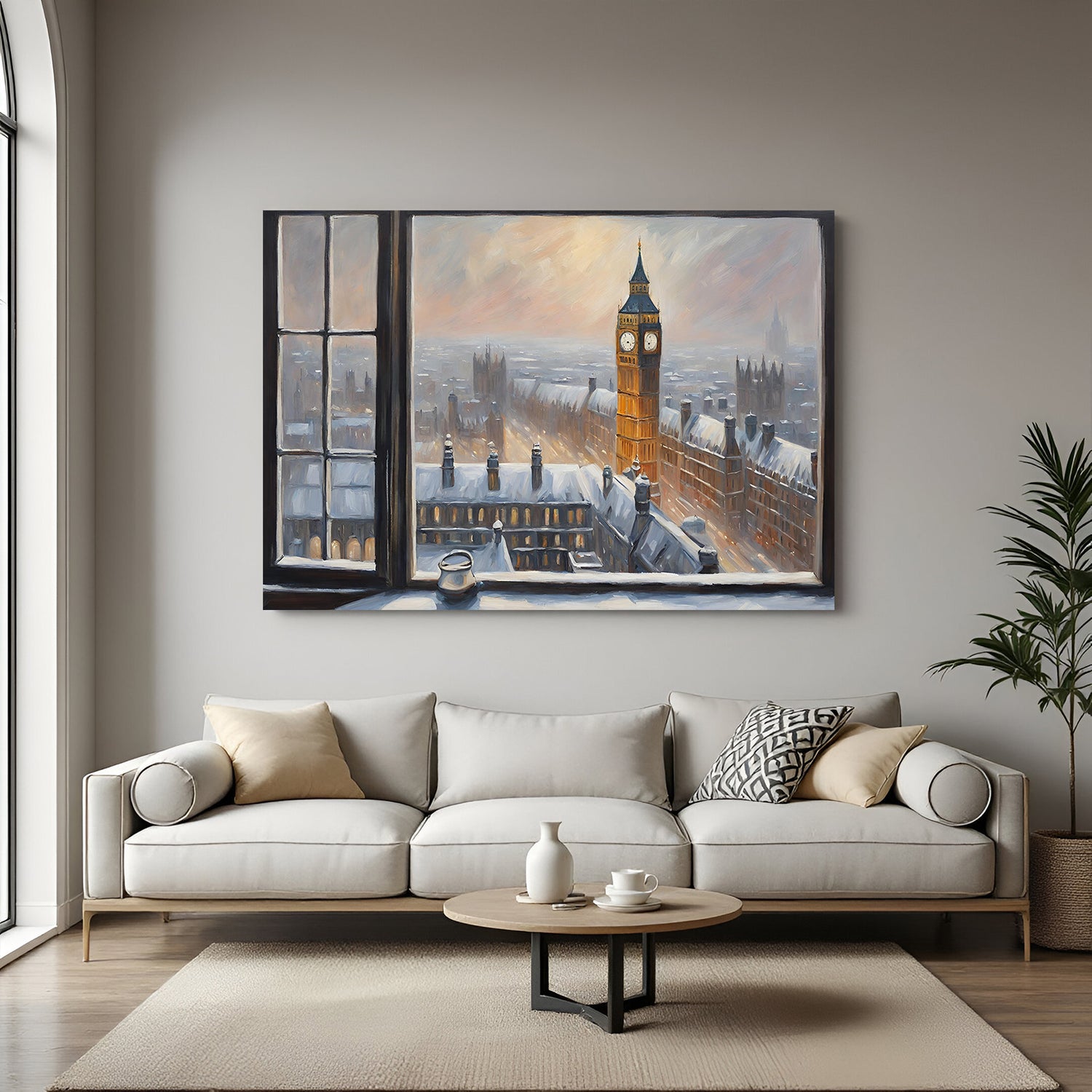 Vintage canvas wall art of Big Ben with cityscape in winter—ancient-style London wall decor from rooftop view