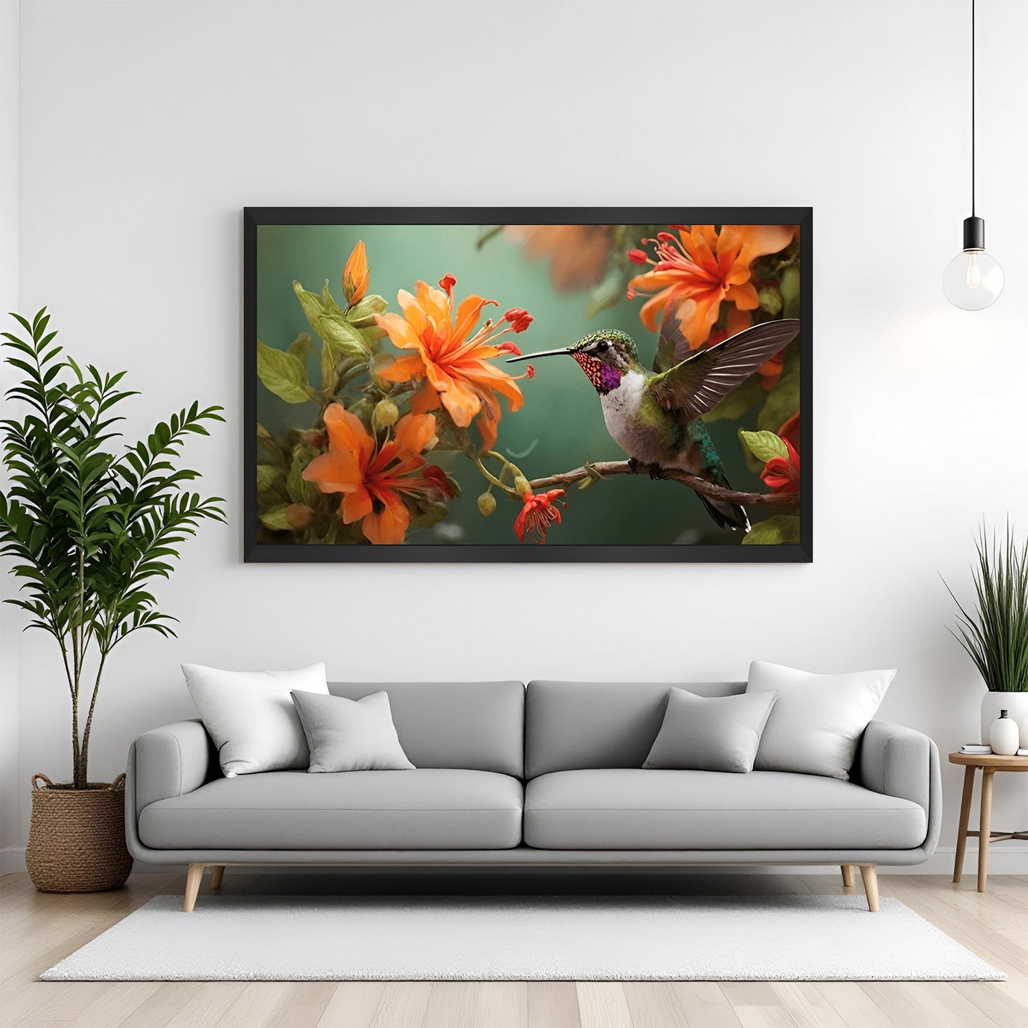 Framed canvas featuring a peaceful bird and floral design with black floater frame