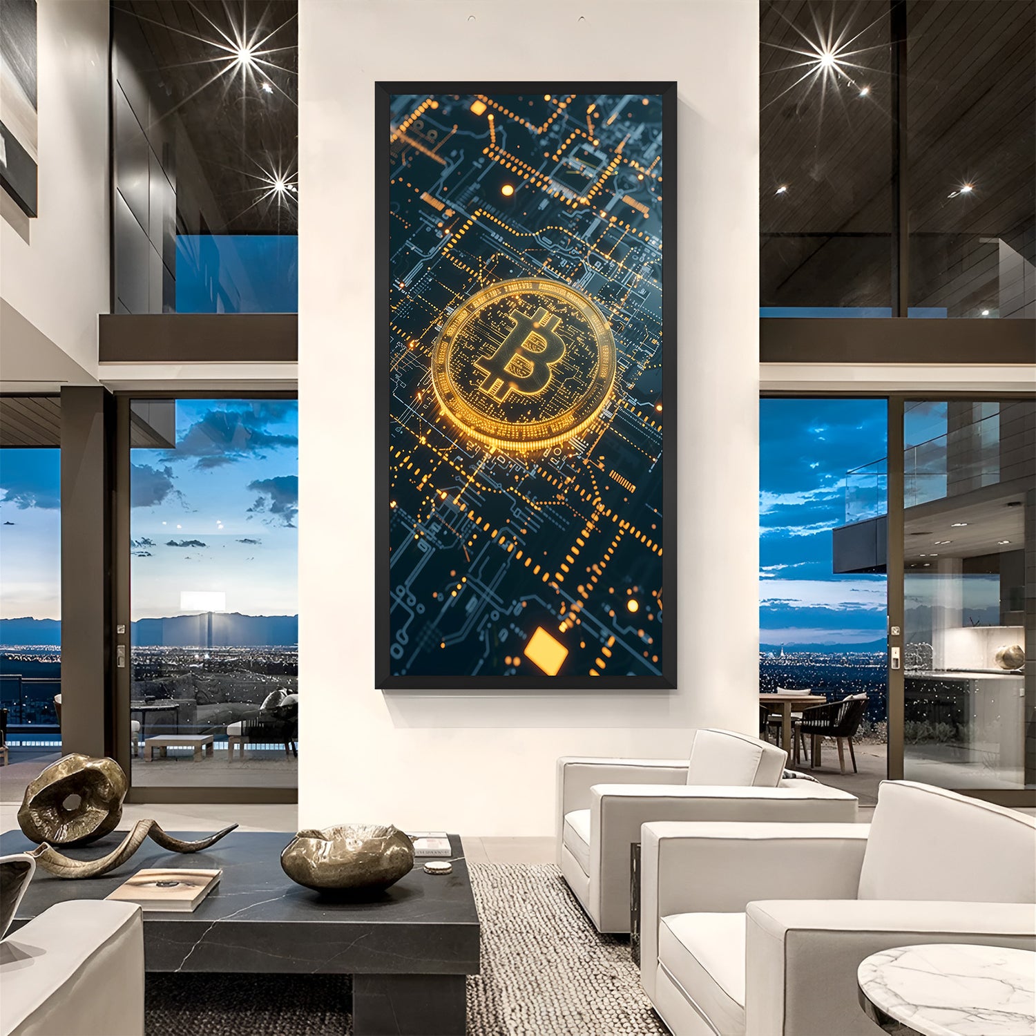 Modern wall art featuring Bitcoin design in black frame, showcasing digital crypto aesthetics for home or office interiors