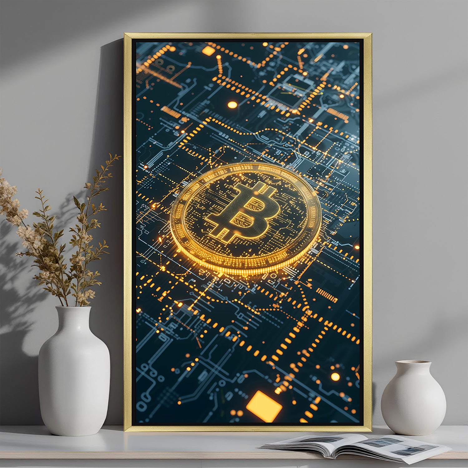 Golden-framed Bitcoin modern art canvas with abstract digital patterns, ideal for crypto-inspired luxury decor