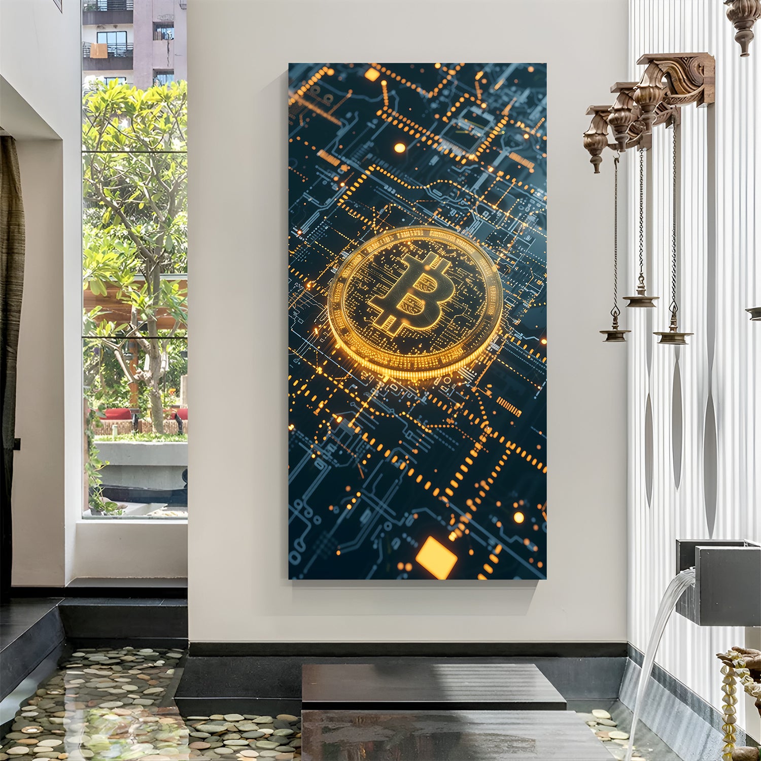 Bitcoin-themed digital modern art canvas with futuristic visuals and crypto-inspired elements for stylish wall decor