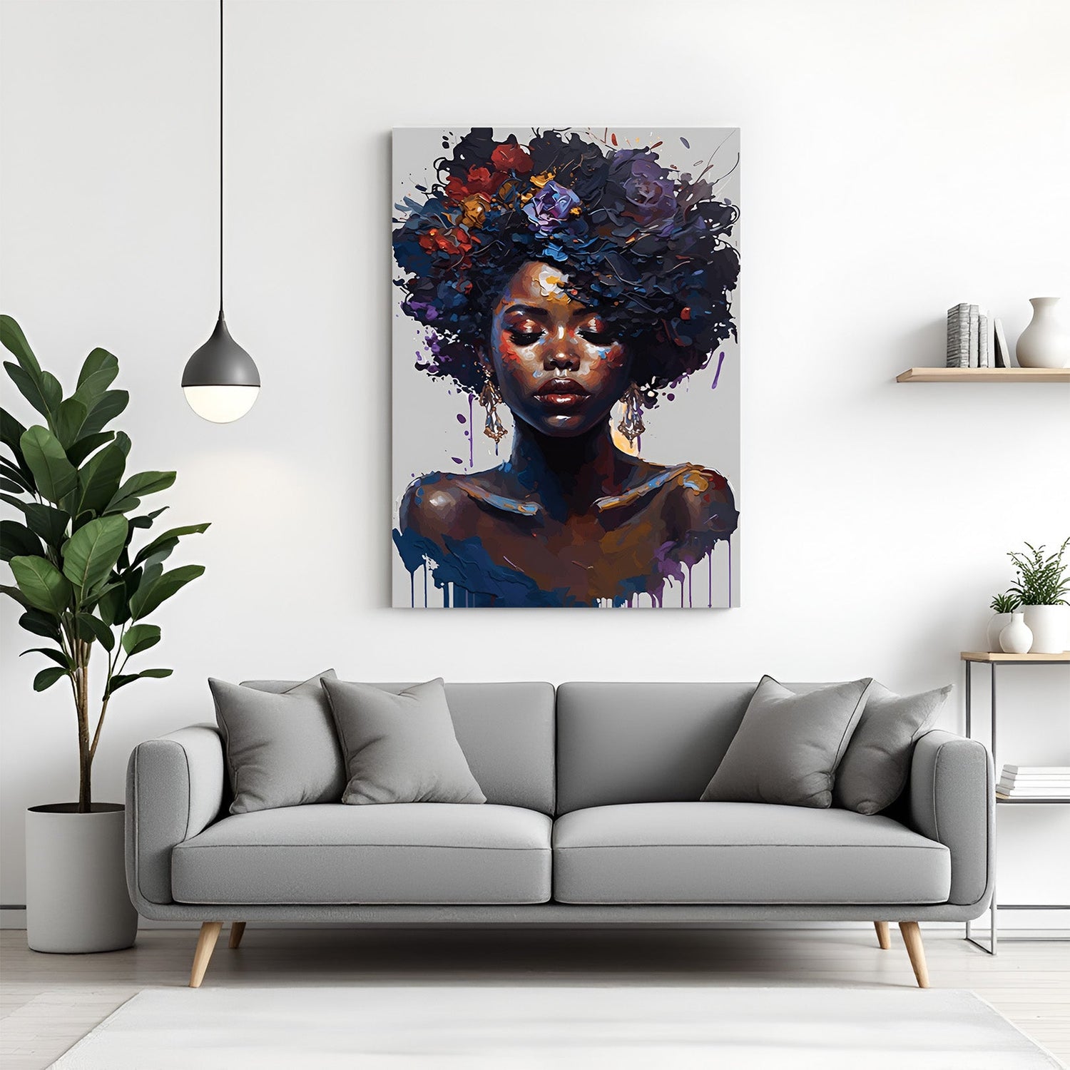 Canvas wall art of a Black African girl in expressive dripping paint style, ideal for bold, modern, and Afrocentric interior design