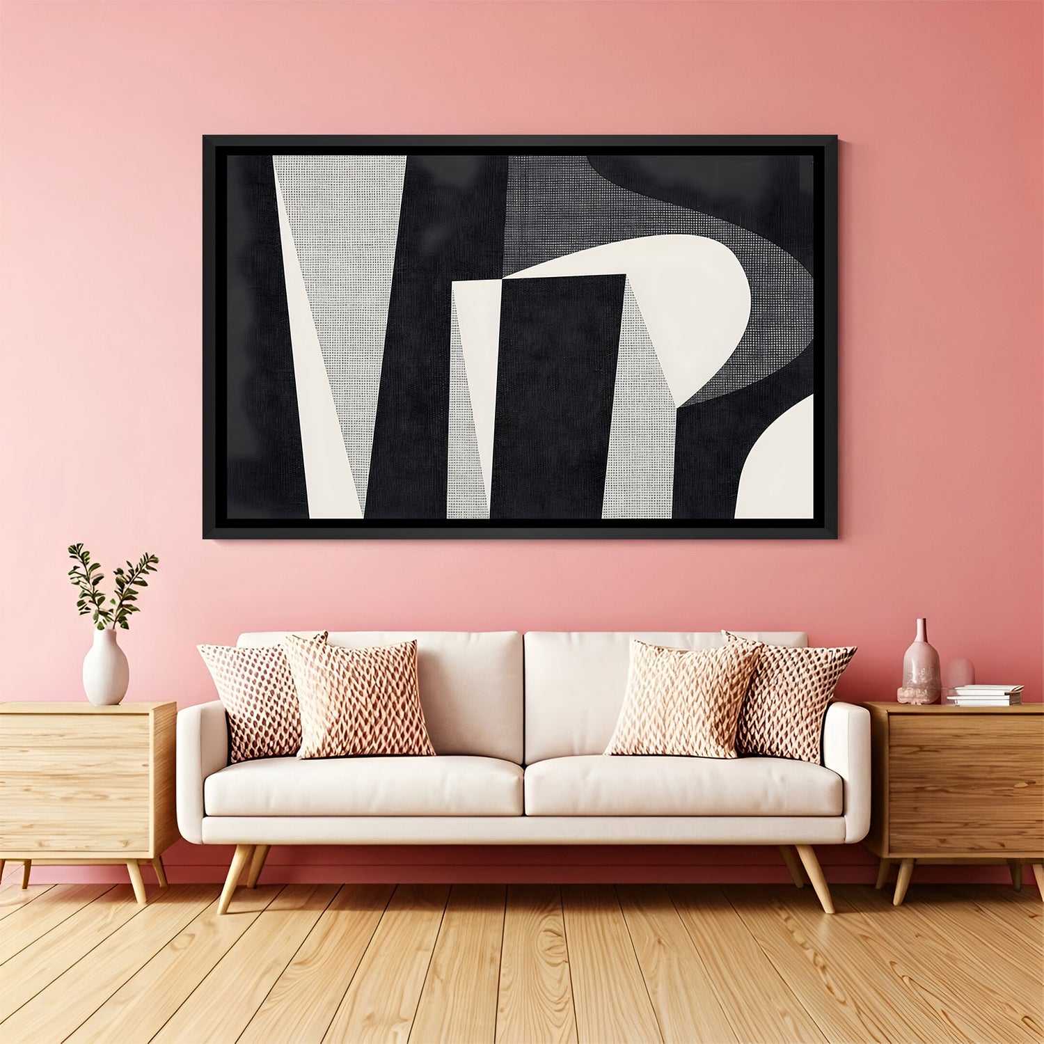 Minimalist black and beige geometric abstract painting in black frame for contemporary interiors