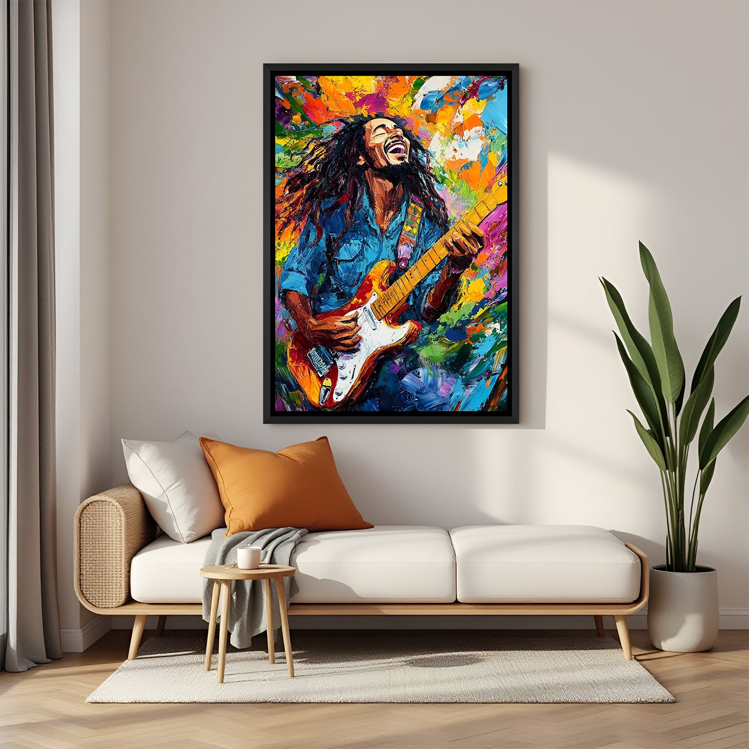 Black floater frame canvas featuring Bob Marley singing with guitar in vivid abstract brushwork