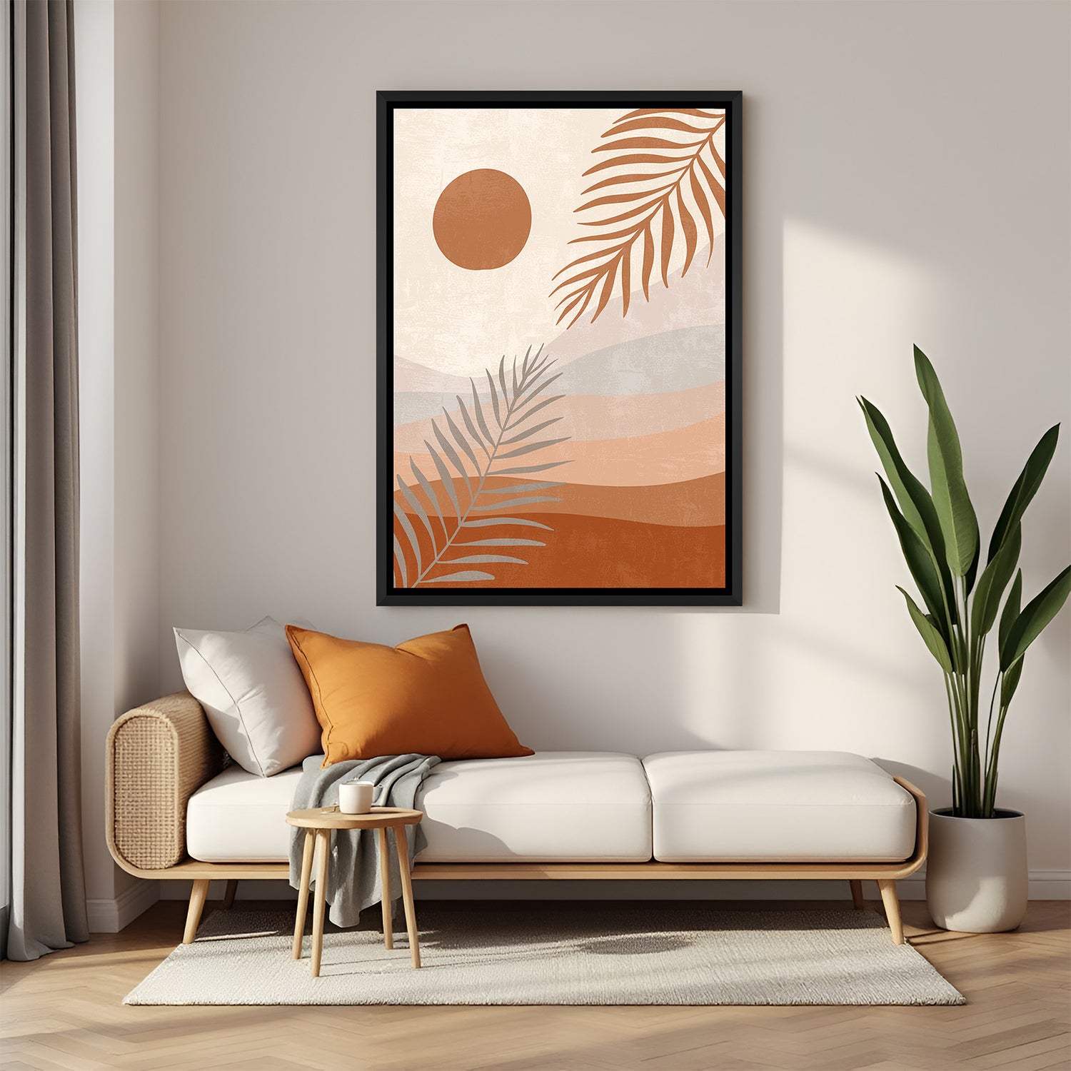 Black frame wall art with leafy plants and a desert sun in calming boho pastel color tones