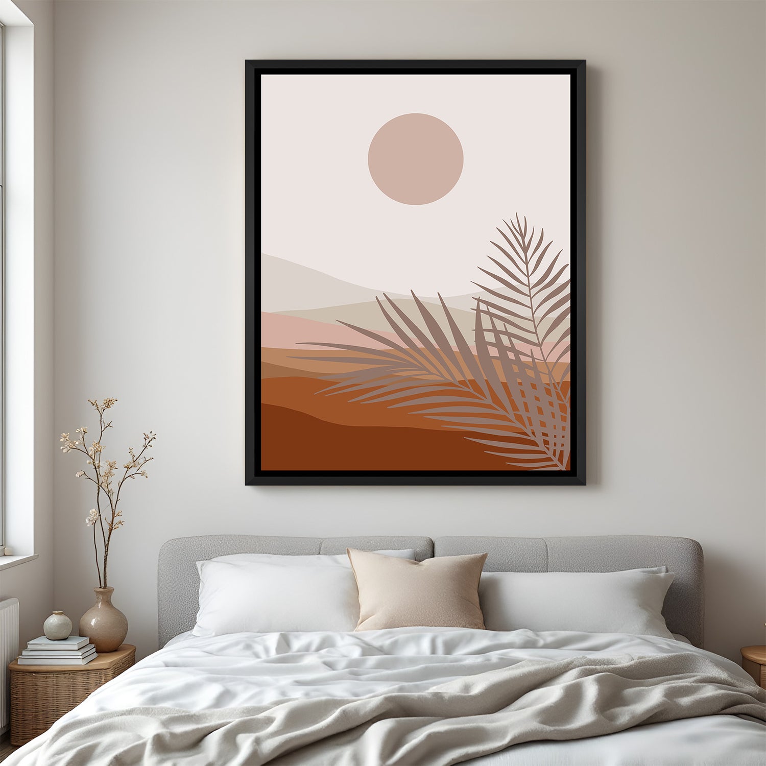 Black floater canvas with soft earth tones, shaded dunes, and pastel minimal sun design