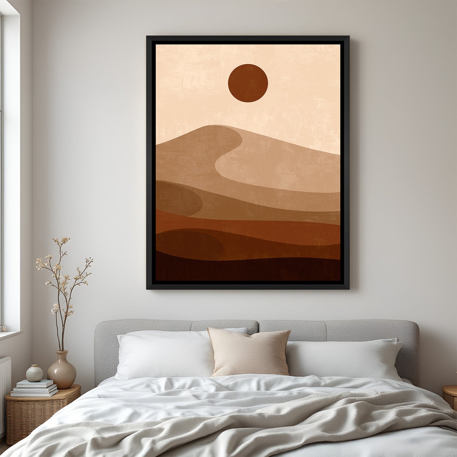 Black floater canvas with warm desert tones and sun, styled in a minimal bohemian layout