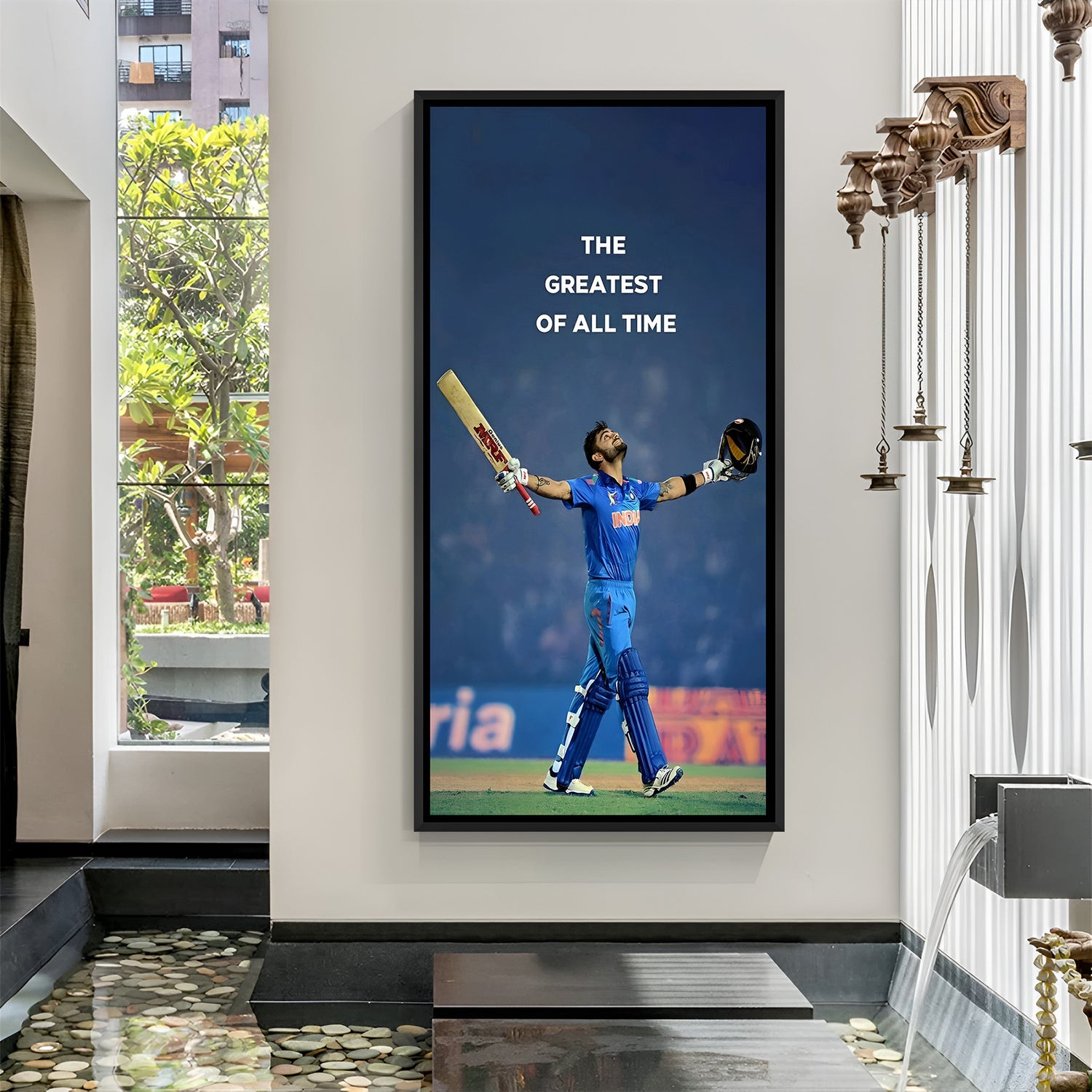 Black floater frame canvas featuring cricketer walking with quote The Greatest of All Time