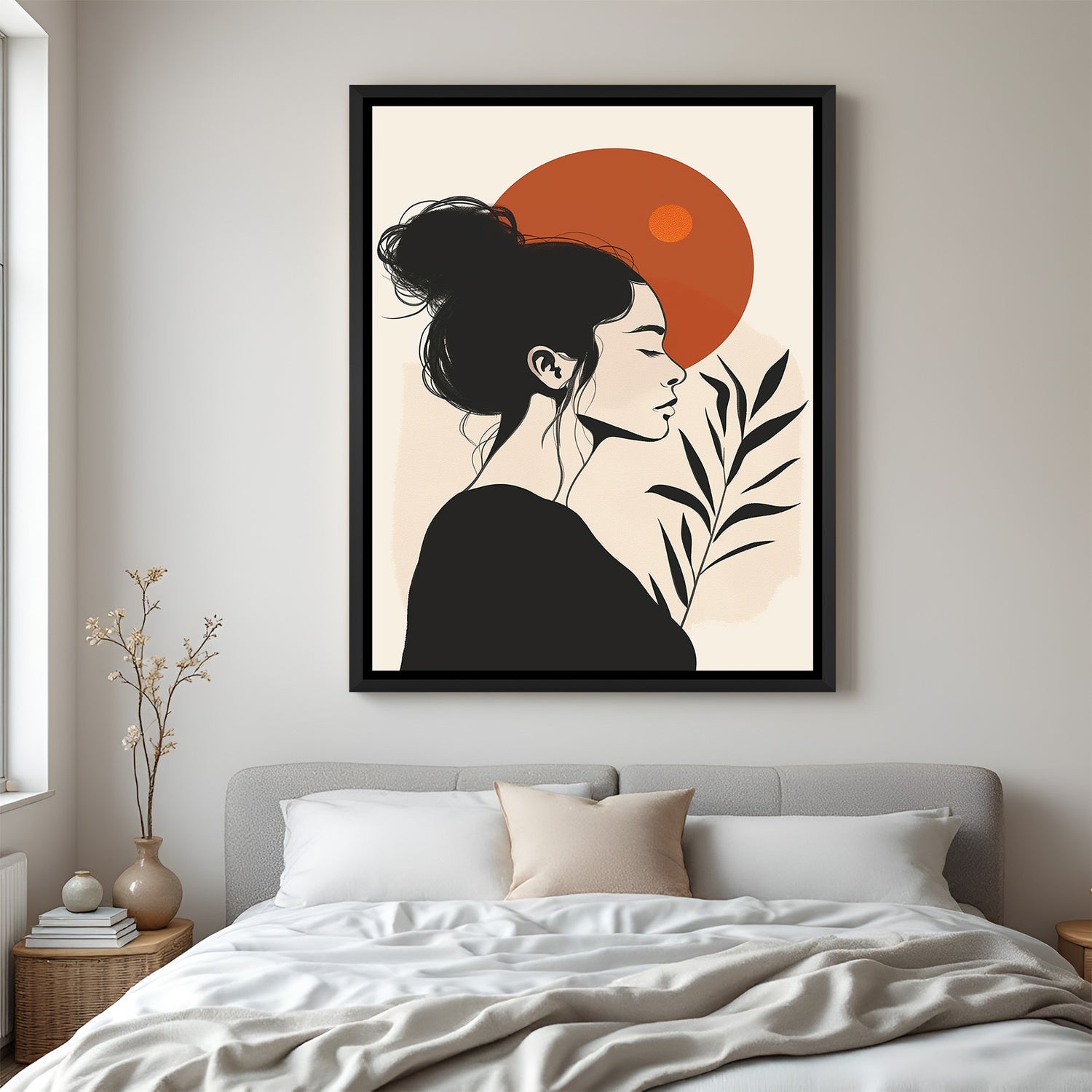 Black floater frame canvas featuring artistic girl side view with red sun circle in boho theme