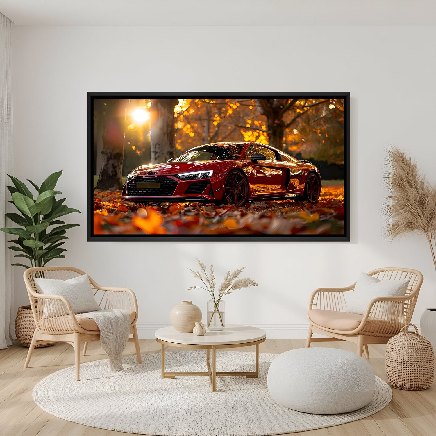 Black framed canvas featuring a red Audi in a luxury wall art format for stylish automotive vibes