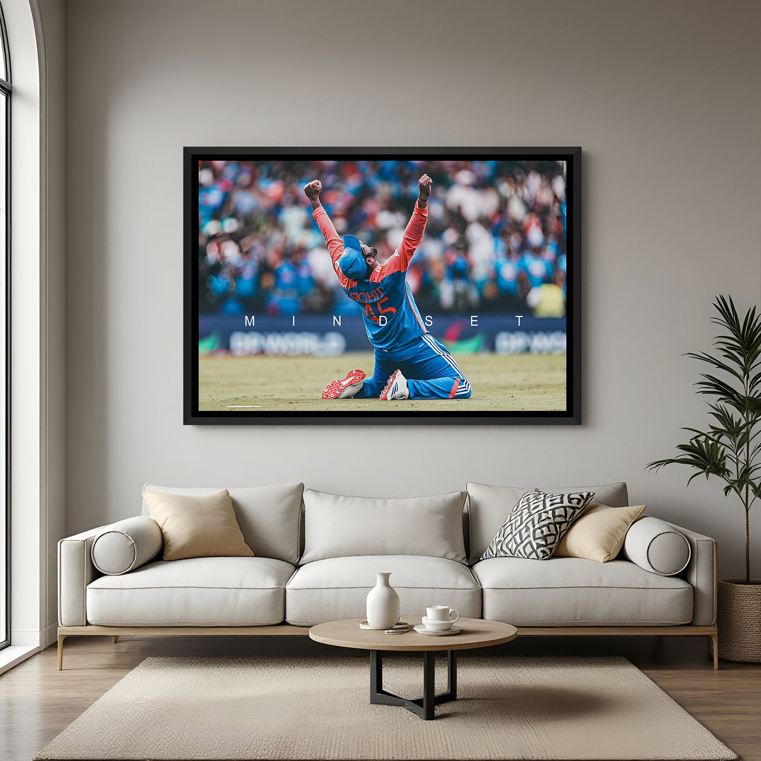 Rohit Sharma canvas in black floater frame, cricket celebration from back view with Mindset text