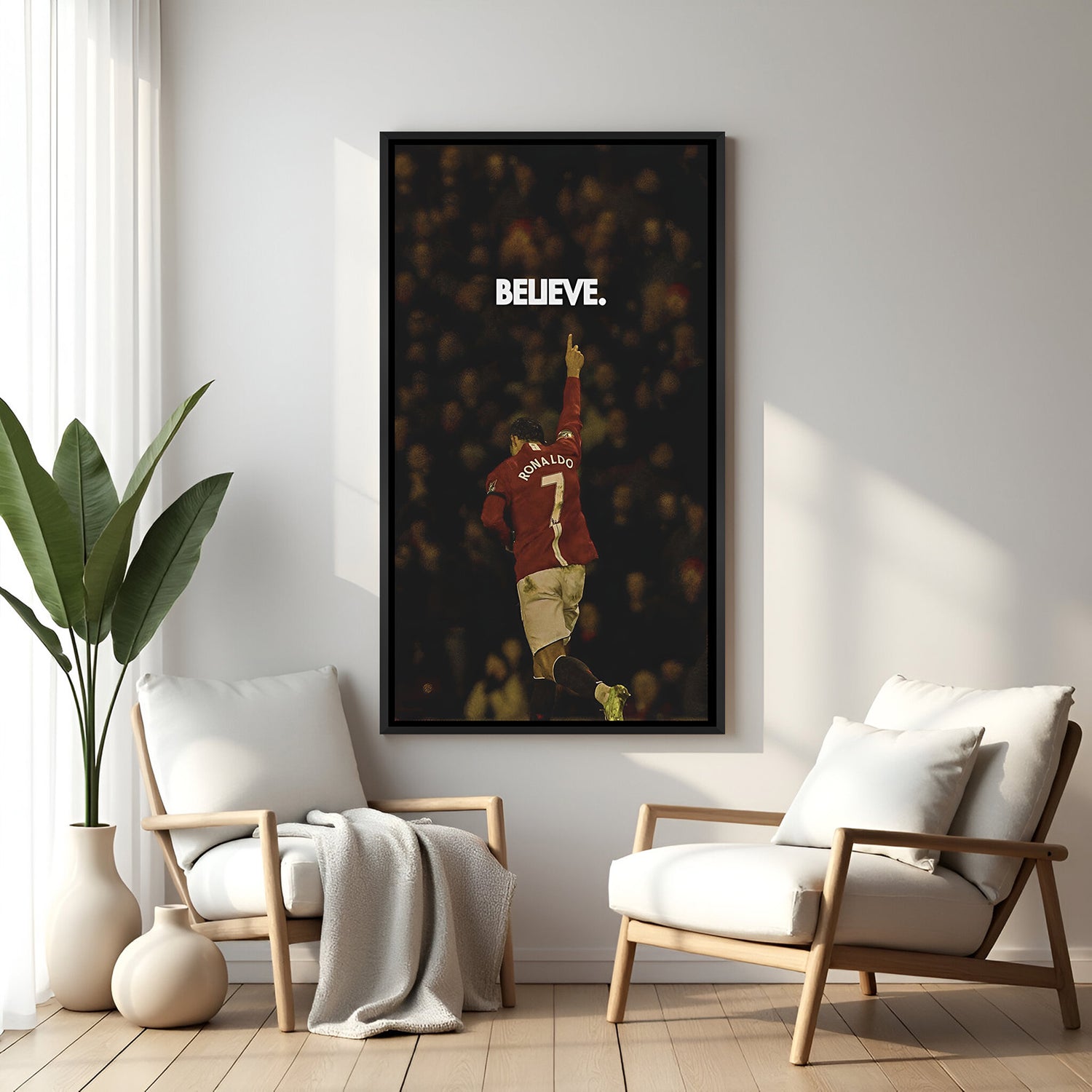 Cristiano Ronaldo motivational artwork with black floater frame and BELIEVE text