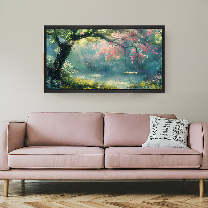 Black floater frame vastu scenery painting for home decor, promoting positivity and balance through serene natural visuals