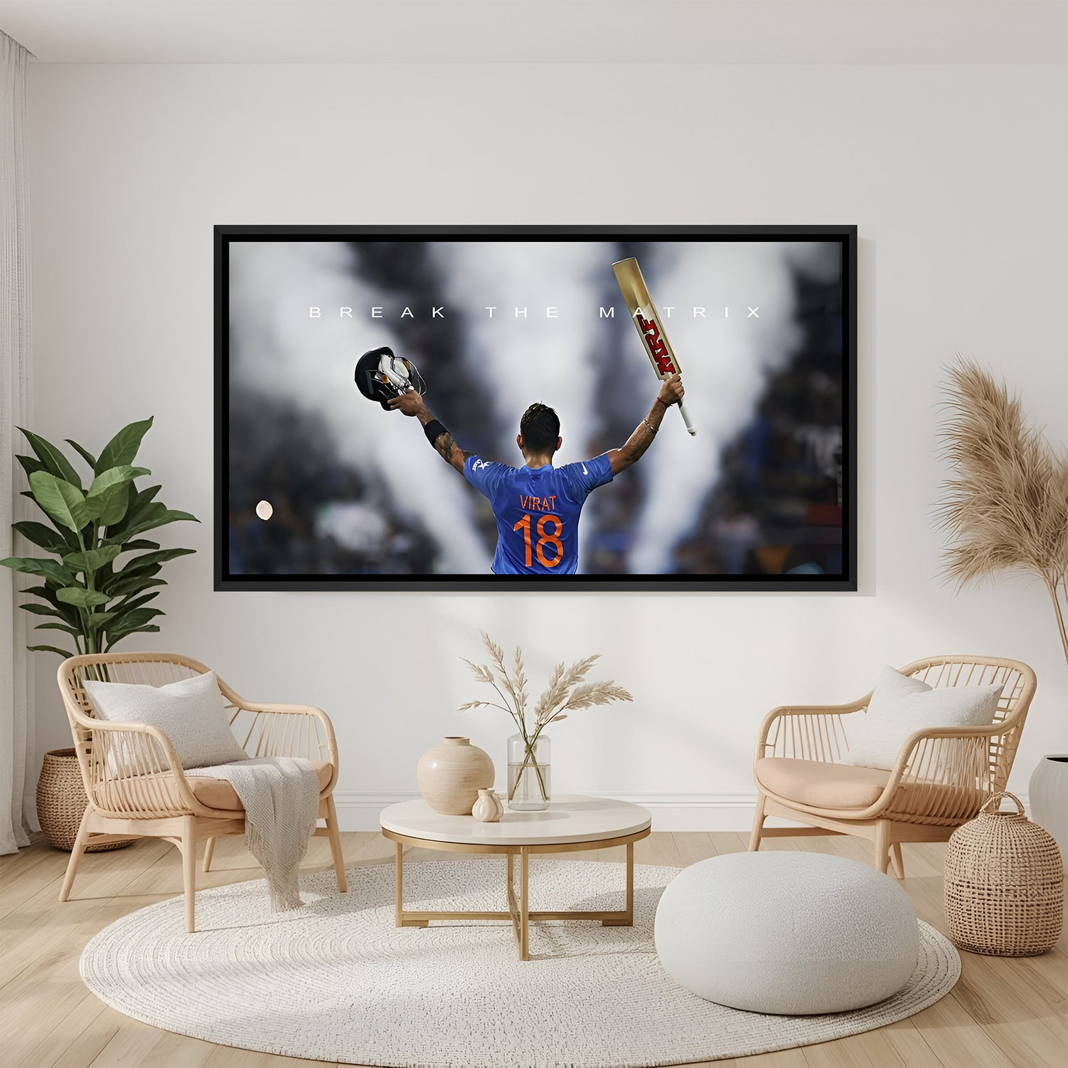 Black floater frame canvas of Virat Kohli with arms raised and “Break The Matrix” motivational quote