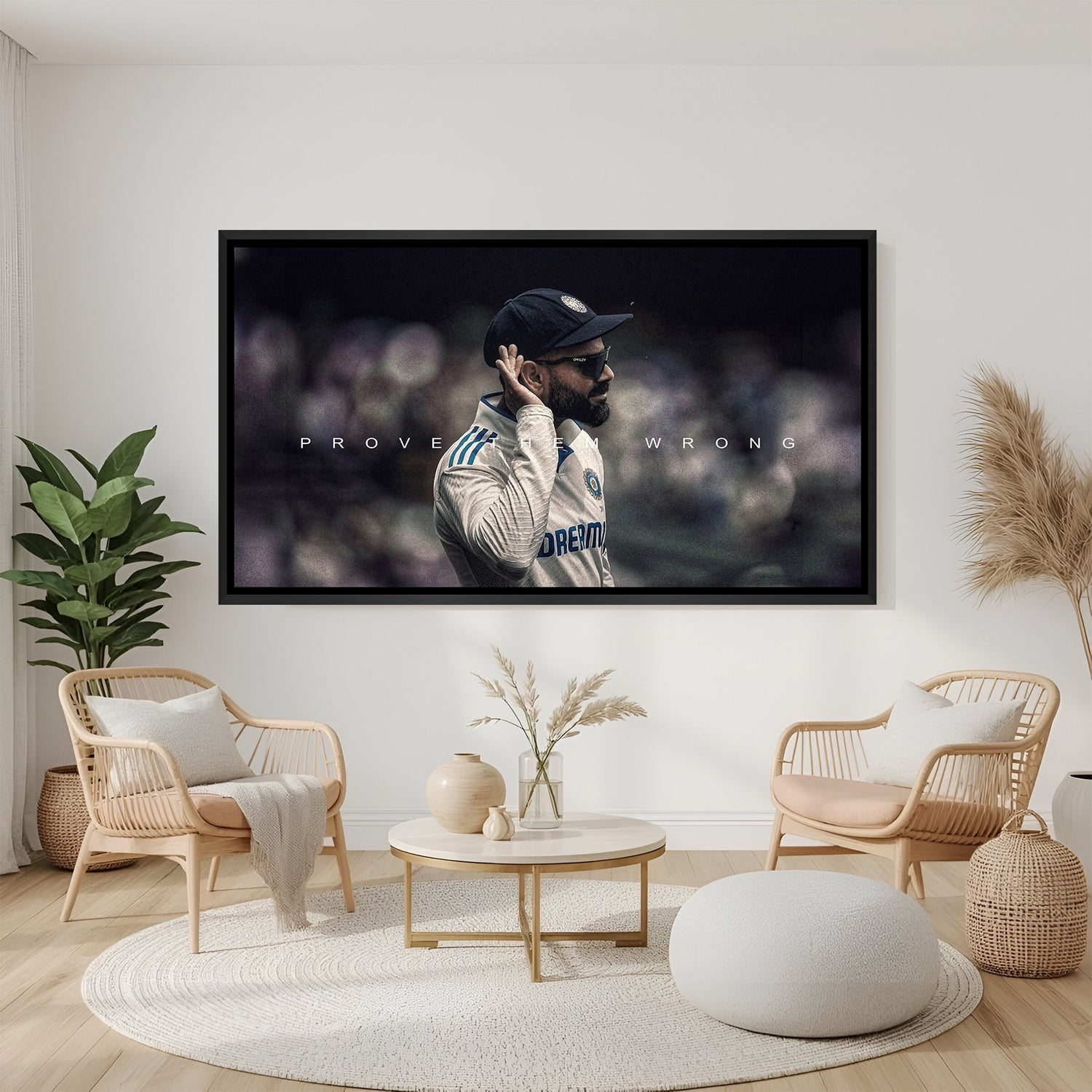 Virat Kohli motivational canvas with black floater frame and Prove Them Wrong quote for winners