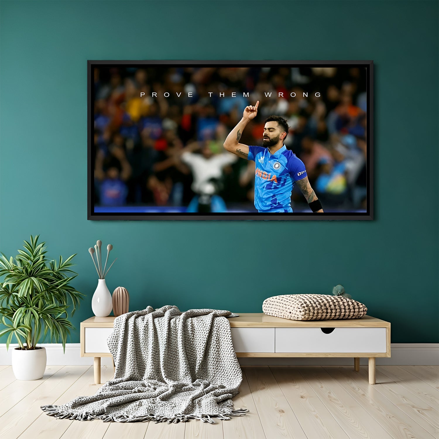 Black floater frame canvas featuring Virat Kohli raising finger in stadium with motivational quote