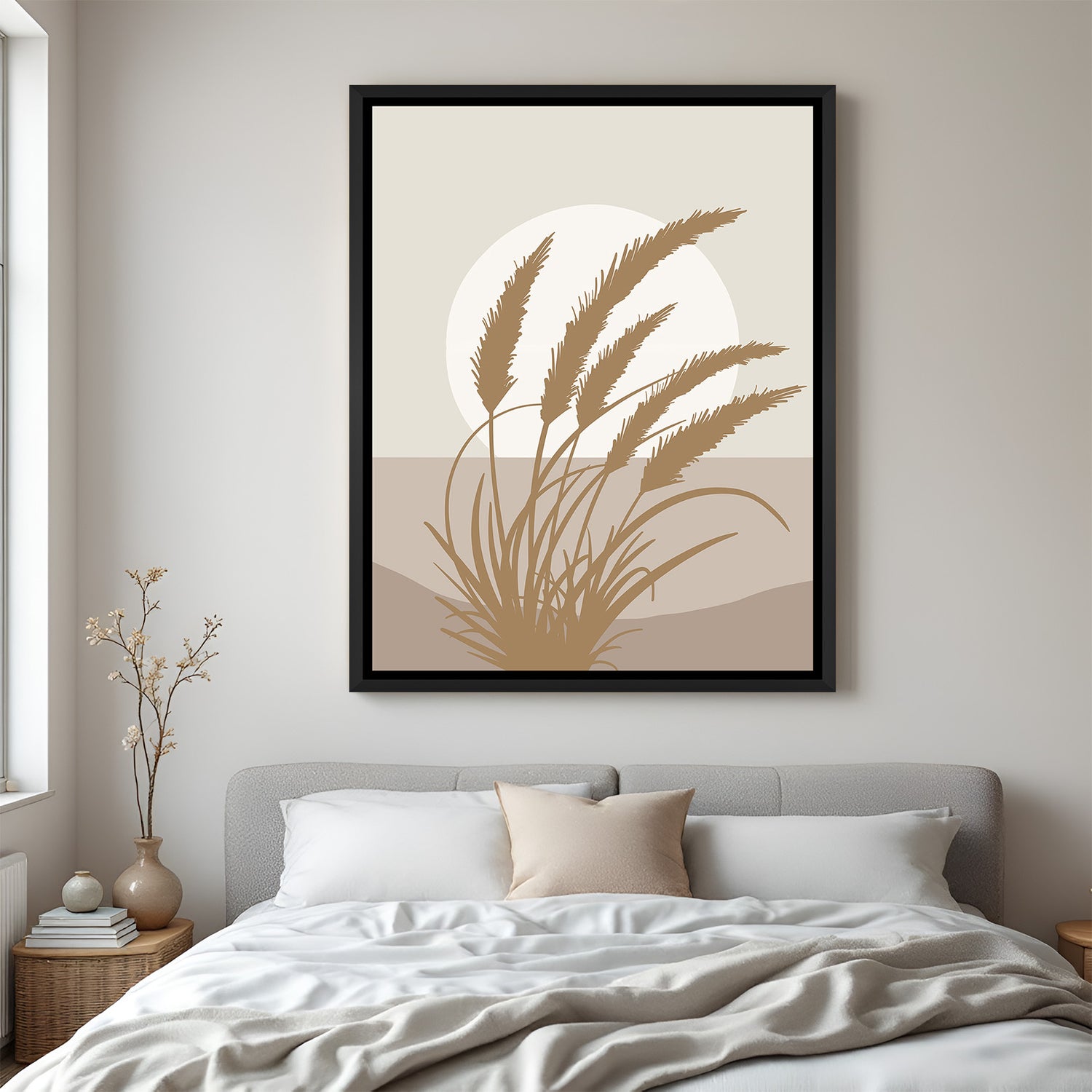 Black frame canvas art showing bohemian wheat design with minimal sunlight in muted tones