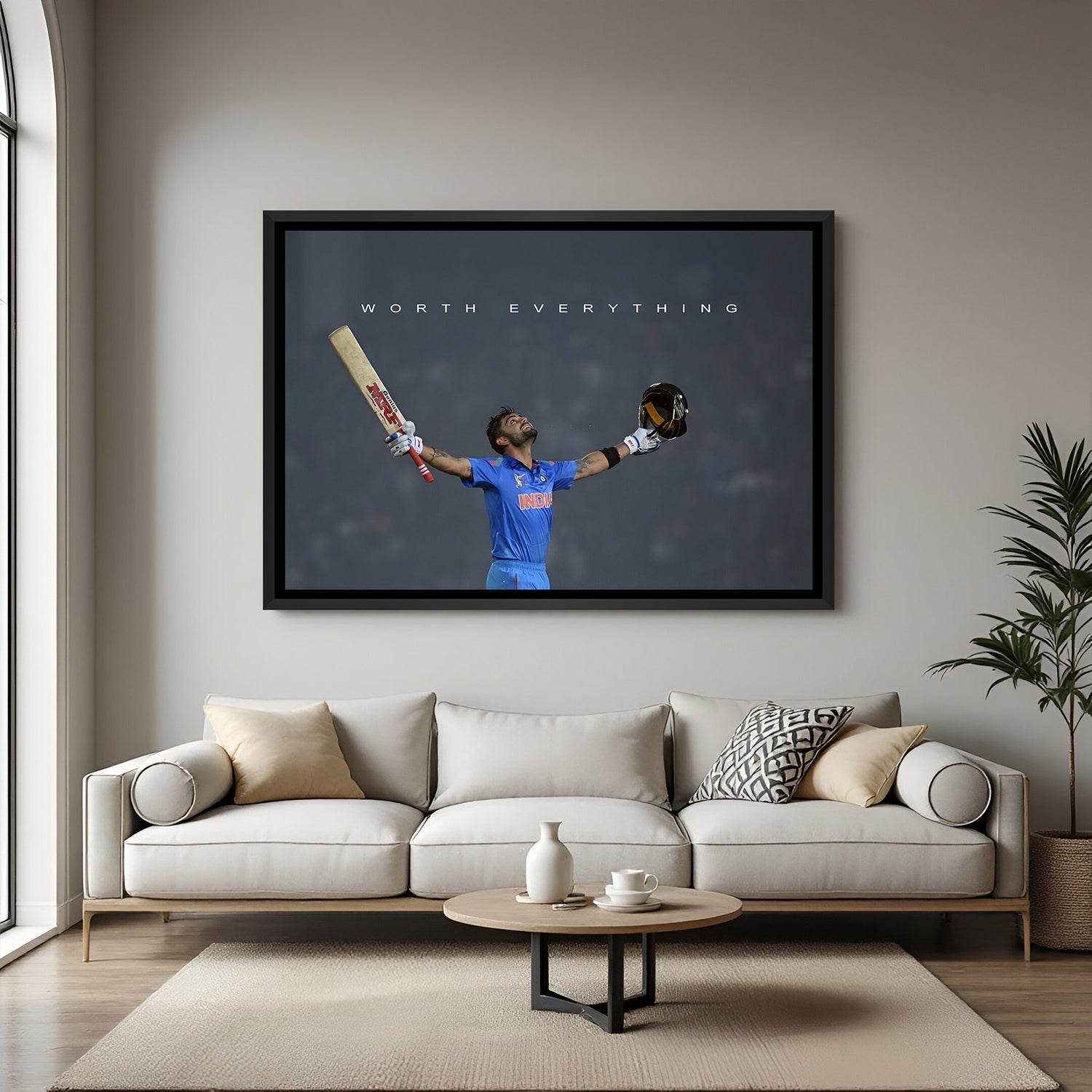Black frame version of cricketer artwork with victory pose and Worth Everything motivational text