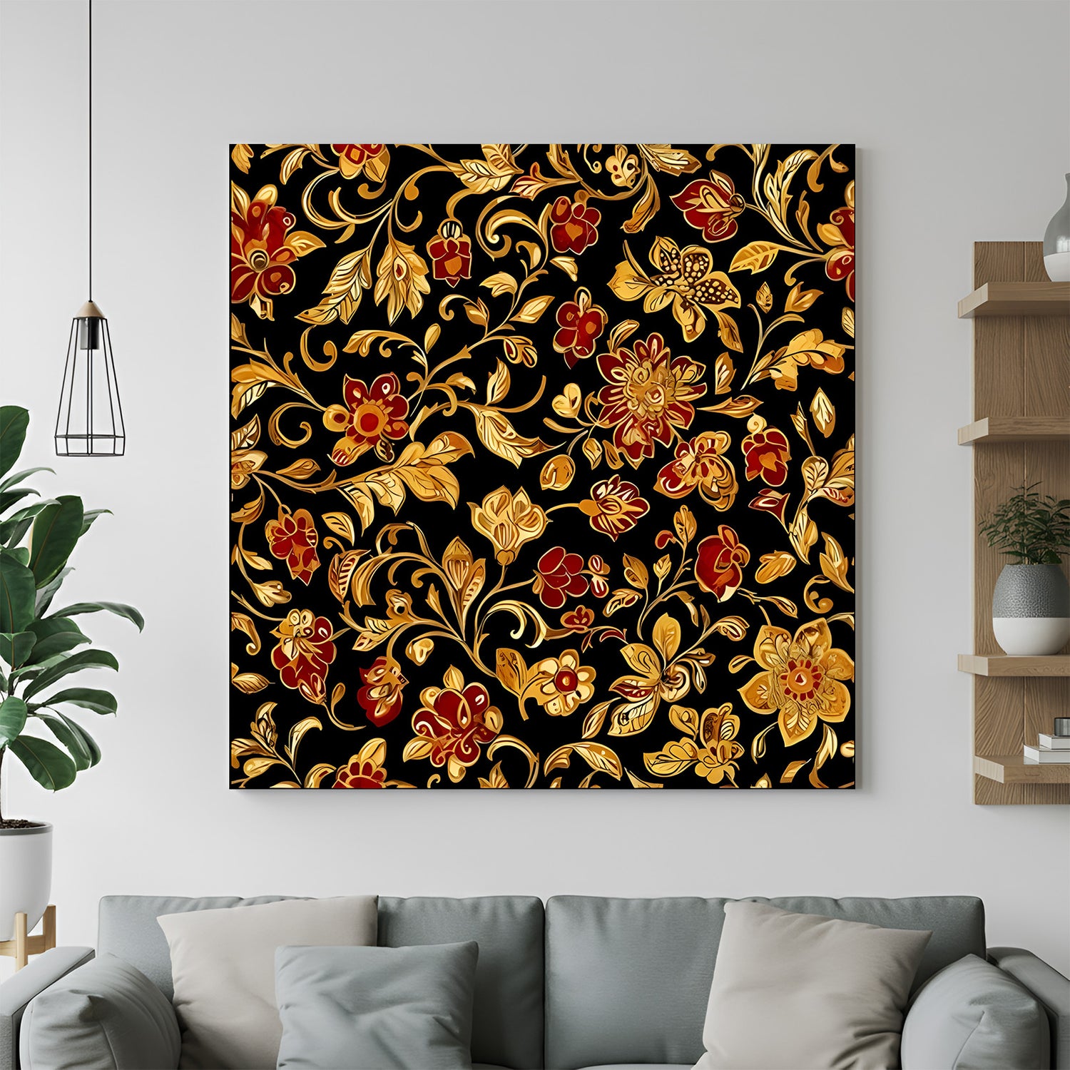 Black and golden floral Kalamkari canvas wall art in premium canvas wrapped frame with intricate botanical detailing