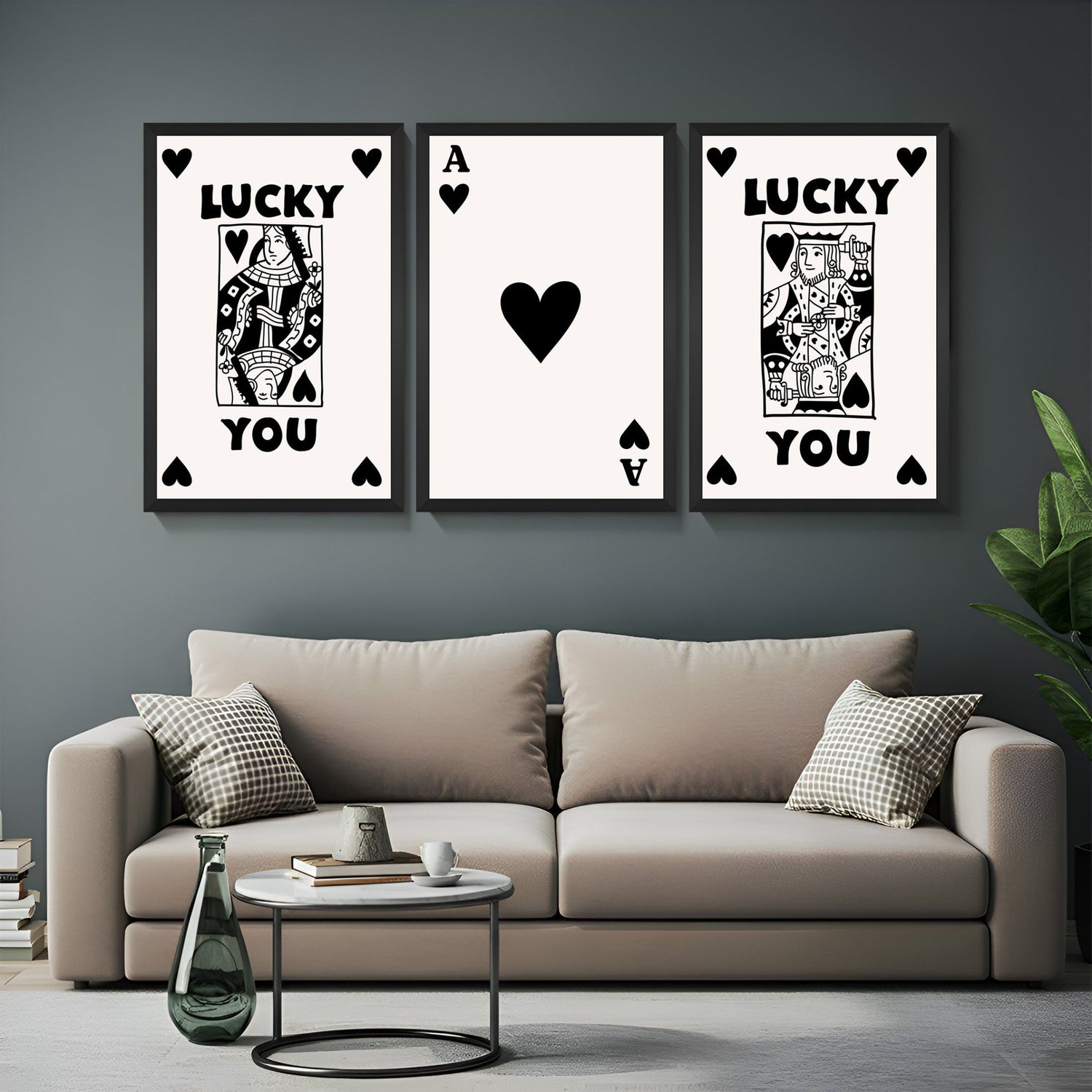 Canvas wall art set featuring stylized playing cards – Queen, Ace, and King of Black Hearts with
